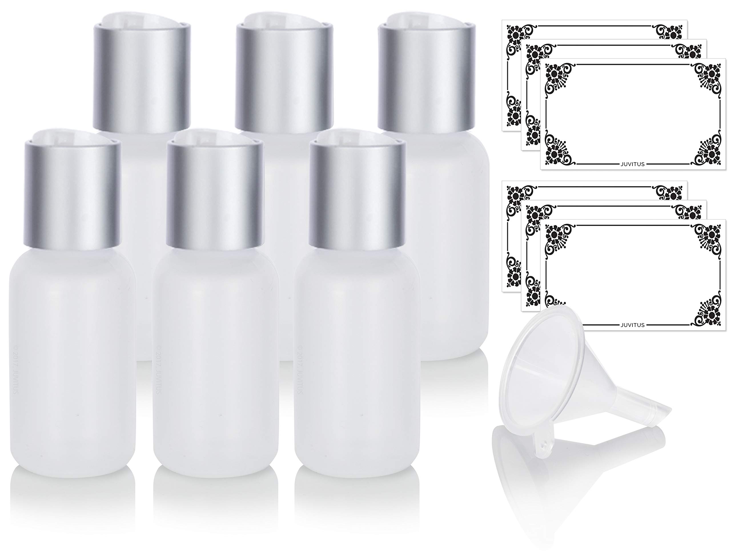 JUVITUS 6 Pack 1 oz (30 ml) Clear LDPE Plastic Squeeze Bottles with Silver & White Disc Caps - Includes Funnel & Labels - Perfect for Essential Oils, DIY Beauty Products, Travel Toiletries & Crafts