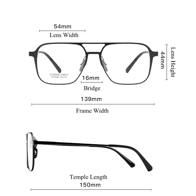 Men's Titanium Square Full Rim Eyeglasses with Double Bridge & Clip-On Sunglasses - Stylish & Durable for Work, Driving, and Outdoor Activities (Model 72046)