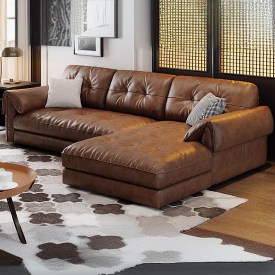 Minimalist Waterproof Auburn Leather Floor Sofa - 3/4 Seater Modern Sectional Couch for Living Room, Lounge & Small Spaces