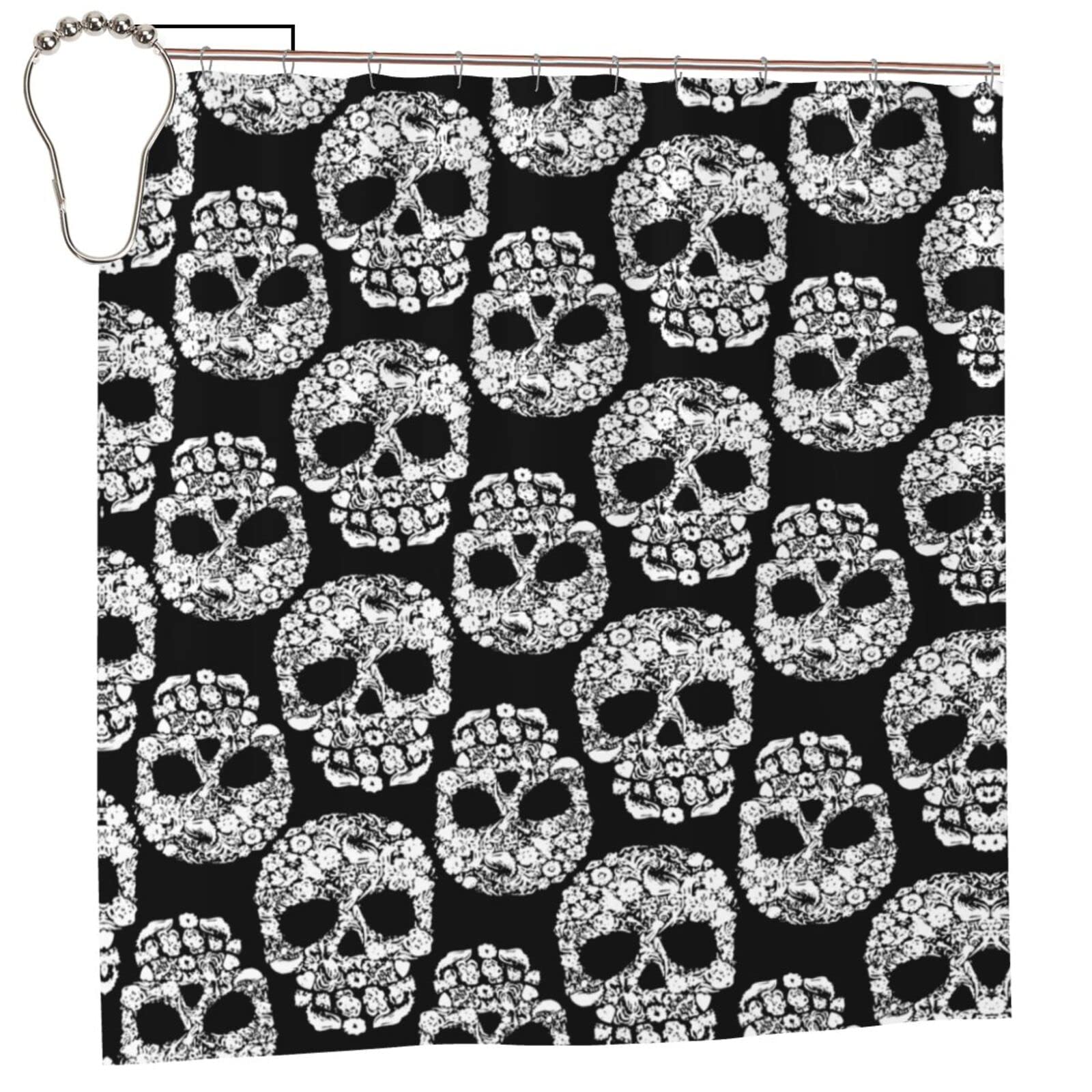 MMAOLP Skull Floral Halloween Shower Curtain - Waterproof Polyester Fabric Bathroom Decor with Hooks (66x72 Inch) - Perfect for Spooky Halloween Bathroom Makeover & Gothic Home Decor