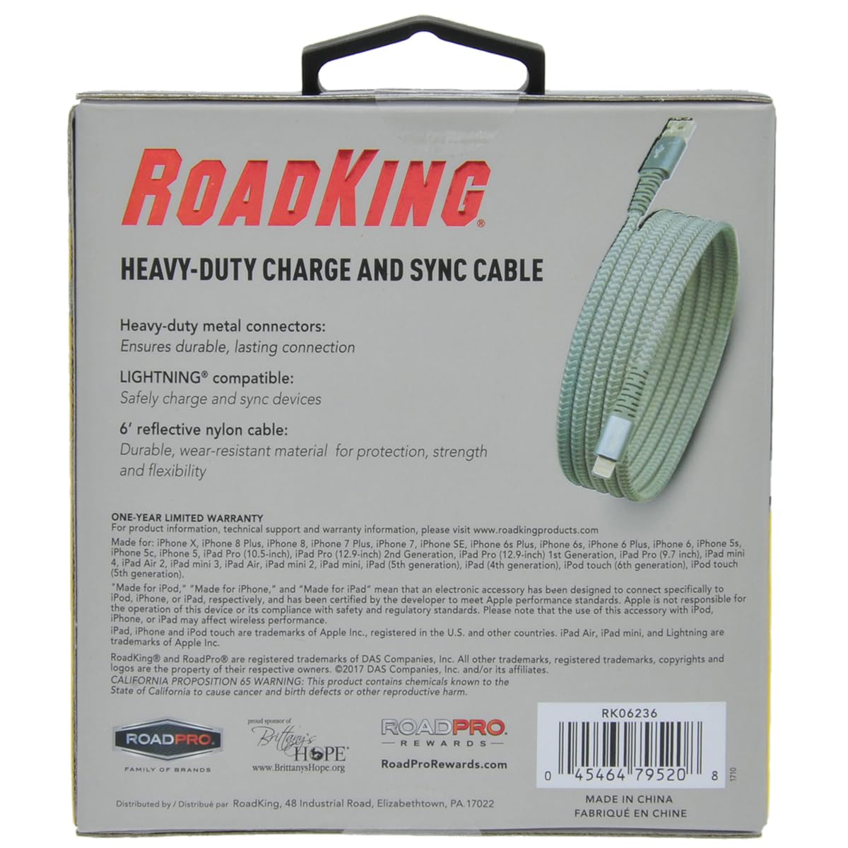 RoadKing Lightning® Compatible Charge and Sync Cable - 6ft Reflective Braided Heavy-Duty Nylon Cord for iPhone, iPad (Silver) | Fast Charging & Data Transfer | Perfect for Travel, Home, Office & Outdoor Use