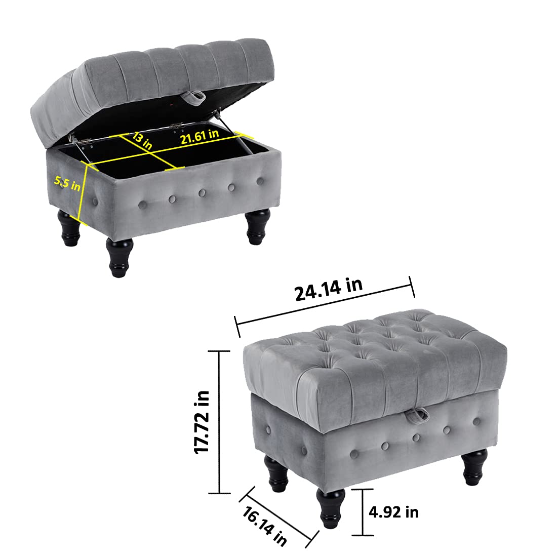 Artechworks Rectangular Storage Coffee Table Ottoman with Button Tufted Upholstery - Multifunctional Footstool, Toy Box & Space-Saving Stool for Living Room, Bedroom & Home Office (Grey) - Perfect for Small Spaces, Kids' Room Organization & Cozy Home Decor