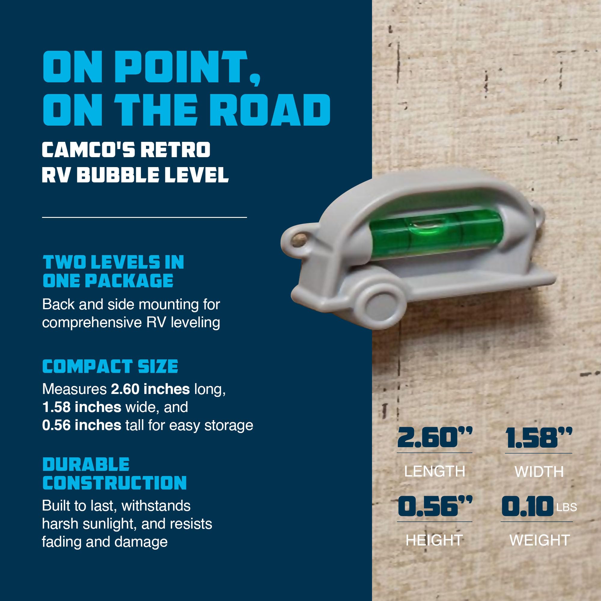 Camco Retro RV Leveling Kit - 2 Pack for Front-to-Back & Side-to-Side Leveling | Screw-Mount or Foam Tape Installation | Includes (2) Bubble Levels (25520) | Perfect for RV, Camper & Trailer Parking