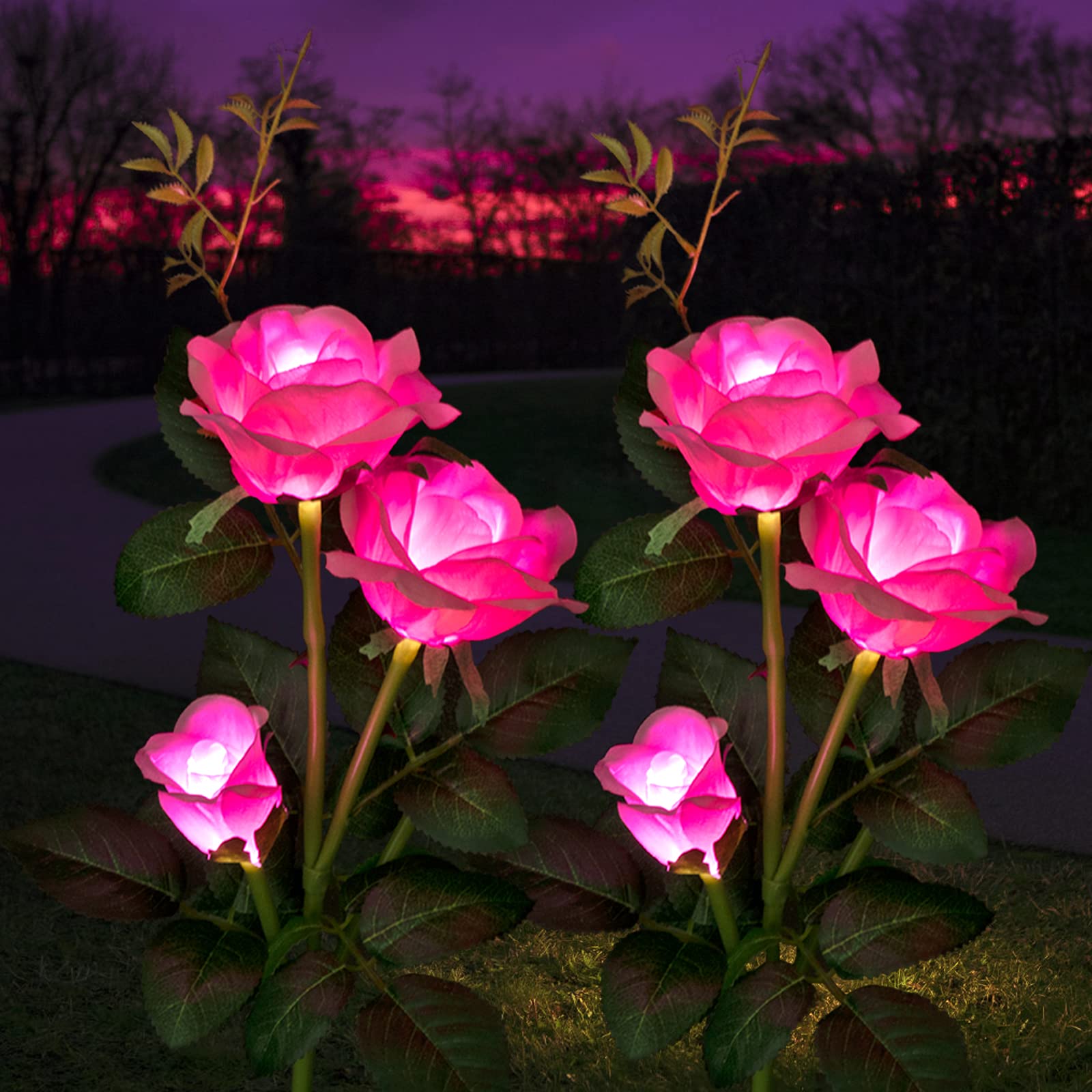 2 Pack Solar Garden Lights Outdoor - Waterproof Rose Solar Flower Lights for Pathway, Lawn, Patio Decor | Solar Stake Lights for Yard, Christmas Decorations (Pink) | Perfect for Garden, Walkway & Landscape Lighting