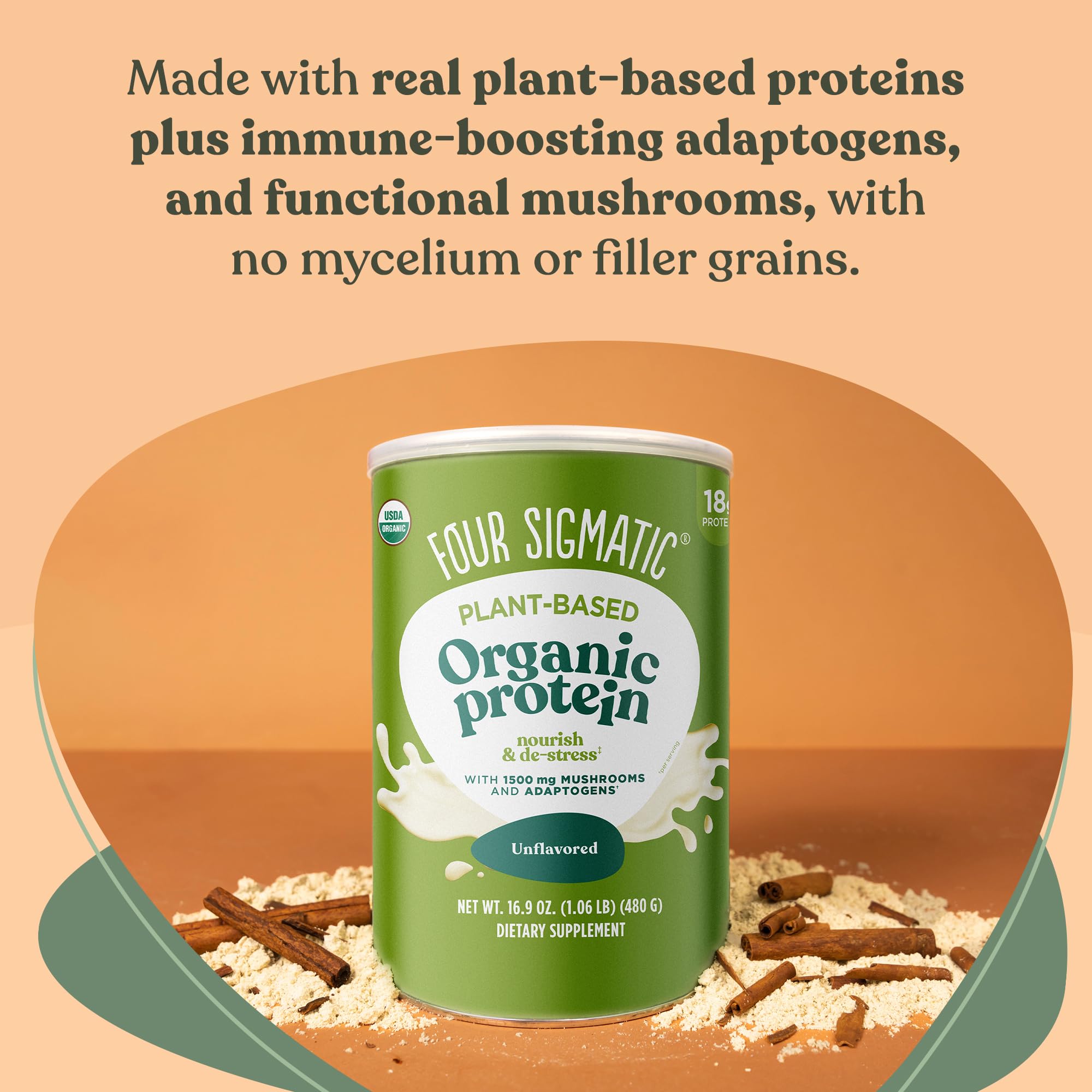 Four Sigmatic Organic Plant-Based Protein Powder - Unflavored Vegan Protein with Lion’s Mane, Chaga & Cordyceps Mushrooms | Brain Function & Immune Support Supplement | 16.9 oz | Ideal for Smoothies, Post-Workout Recovery & Healthy Meal Replacement
