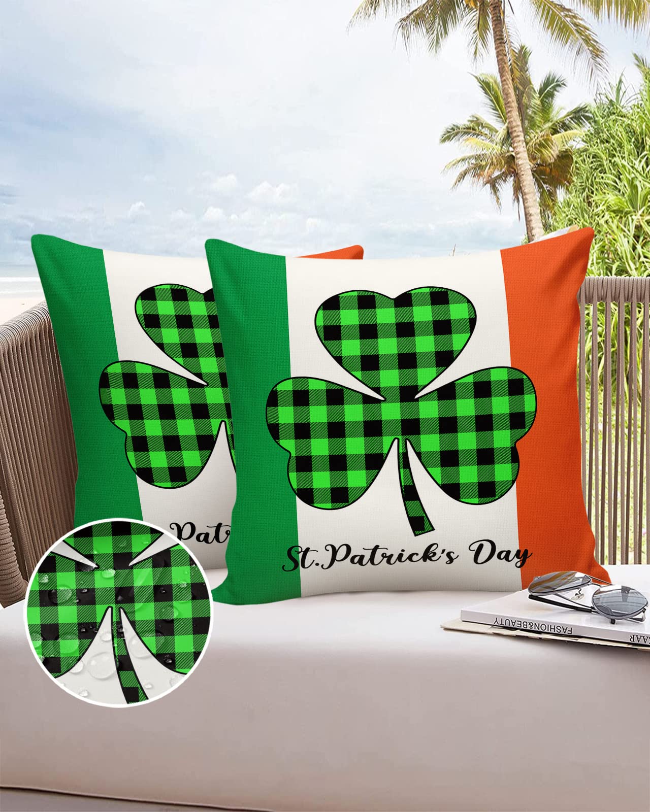 St. Patrick's Day Clover Irish Flag Outdoor Waterproof Pillow Covers Set of 2 - 24x24 Inch Decorative Throw Cushion Covers for Patio, Garden, Sofa & Tent - Soft & Durable for Outdoor & Indoor Use