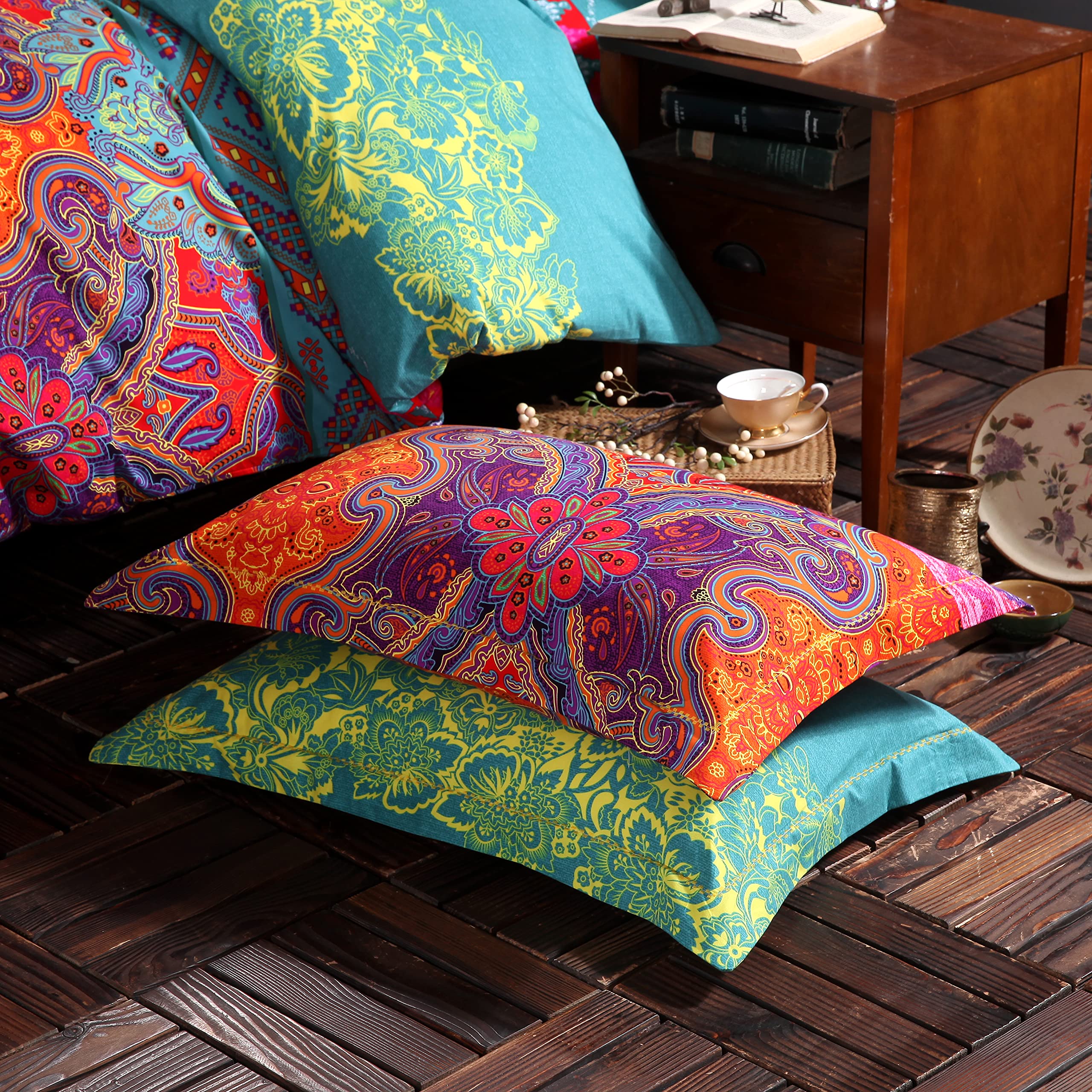 Exotic Boho Duvet Cover Set King/California King Size - 100% Brushed Cotton Soft Bohemian Bedding with Red Teal Mandala Print & Reversible Striped Design - Includes Zipper Comforter Cover + 2 Pillowshams - Perfect for Bohemian Bedroom Decor, Guest Room Makeover & Cozy Home Styling