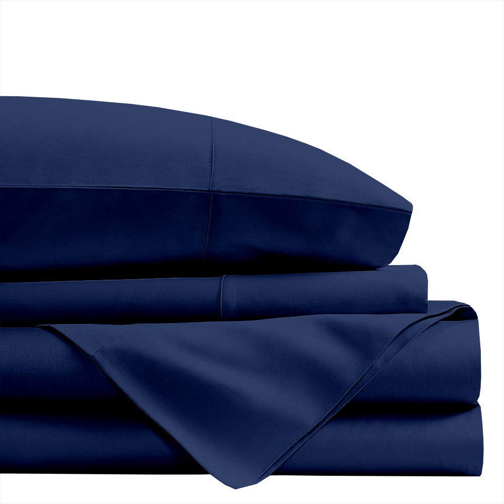 Premium 4-Piece Queen Size Cotton Sheet Set - 100% Soft Breathable Bedding (1 Flat Sheet, 1 Fitted Sheet, 2 Pillowcases) Navy Blue - Perfect for Master Bedroom, Guest Room & Dorm Essentials