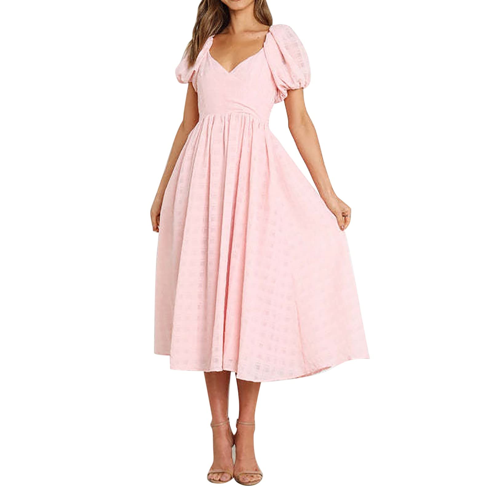 Bohemian Summer Plaid V-Neck Puff Sleeve Midi Dress - Flowy Rayon Beach Dress for Women | Perfect for Vacations, Beach Parties & Casual Outings