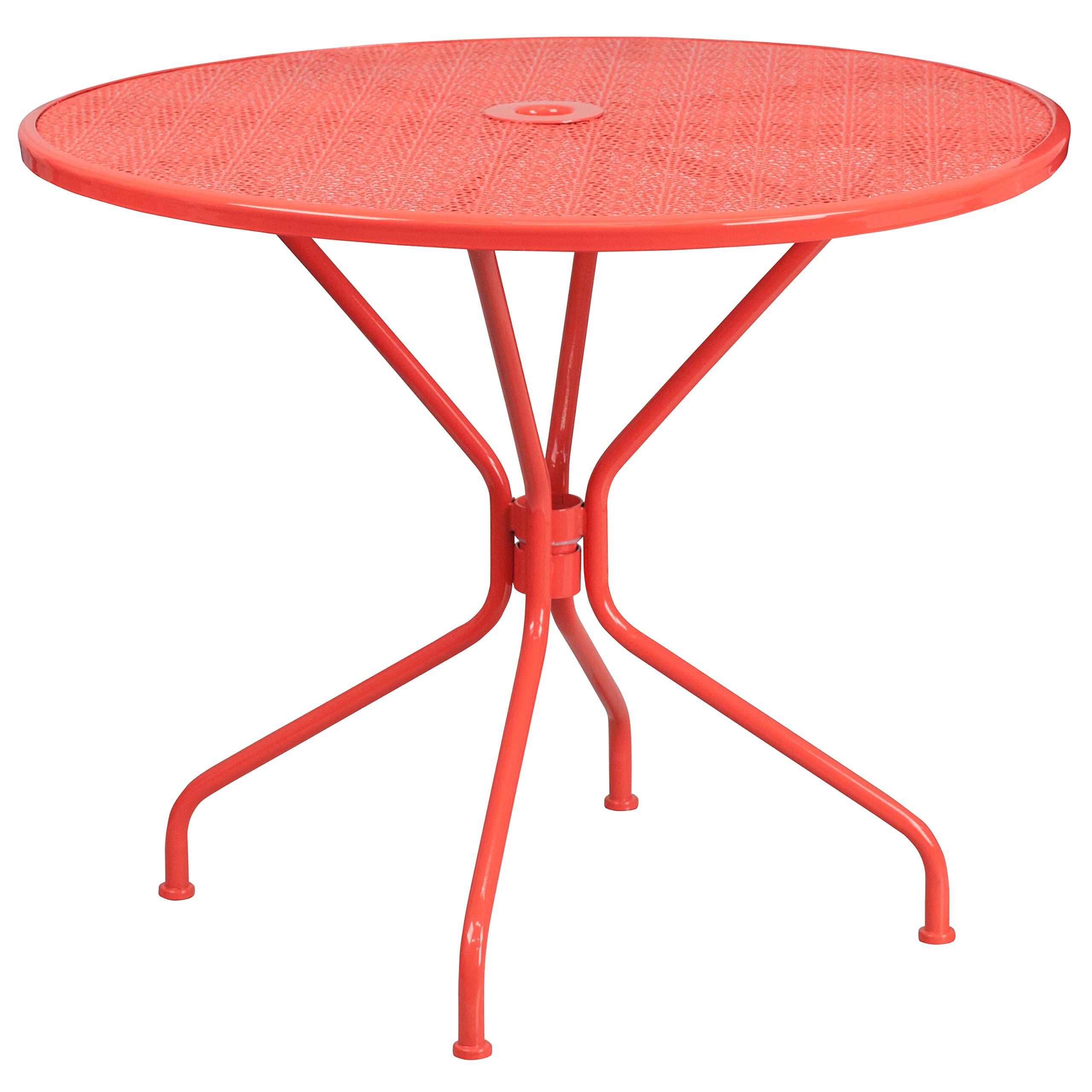 EMMA + OLIVER 35.25 Inch Round Coral Outdoor Patio Dining Table Set with 2 Square Back Chairs - Commercial Grade All-Weather Furniture for Garden, Poolside, Restaurant, and Backyard Relaxation