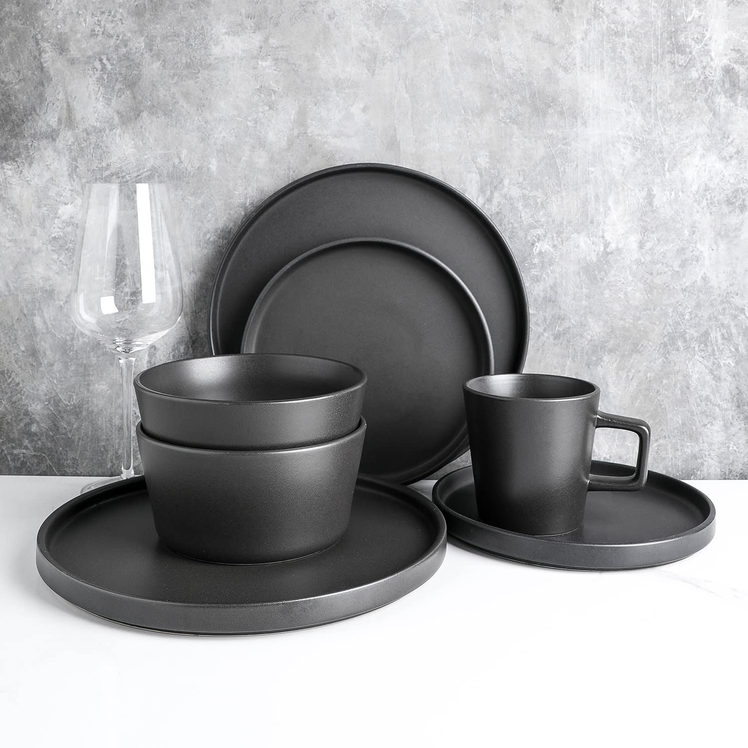 32-Piece Stoneware Dinnerware Set - Stone Lain Coupe Celina Service for 8, Black Matte Plates & Bowls, Dishwasher & Microwave Safe - Perfect for Family Dinners, Entertaining Guests & Everyday Use