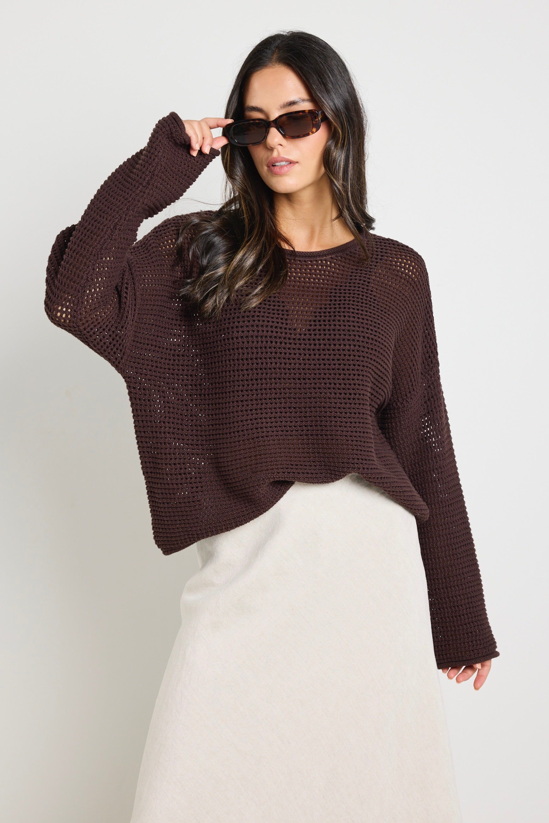 Premium Dawn Chocolate Brown Crochet Knit Jumper Sweater | Women's Boho Chic Winter Pullover | Perfect for Cozy Fall Evenings & Holiday Gatherings