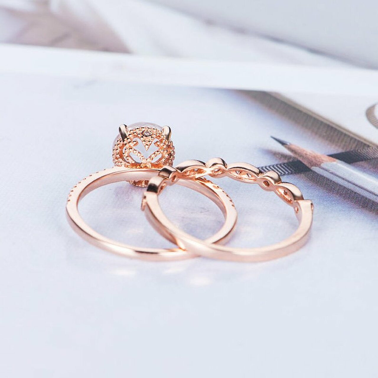 Vintage Rainbow Moonstone Diamond Rose Gold Engagement Ring Set - 2 Piece Bridal Jewelry for Wedding, Proposal & Anniversary Gifts