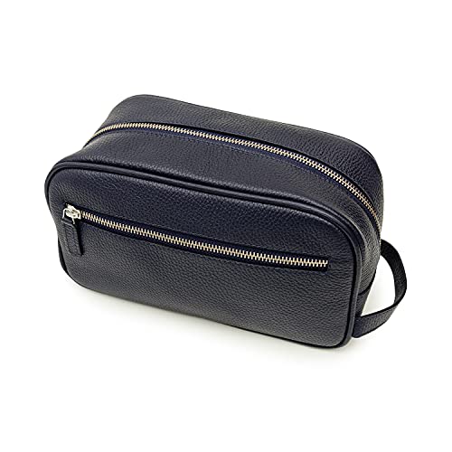 Premium Italian Leather Toiletry Bag for Travel - Handmade in Italy with Dual Zipper Closure (Navy Blue) | Luxury Men's & Women's Cosmetic Organizer for Vacation, Business Trips & Weekend Getaways