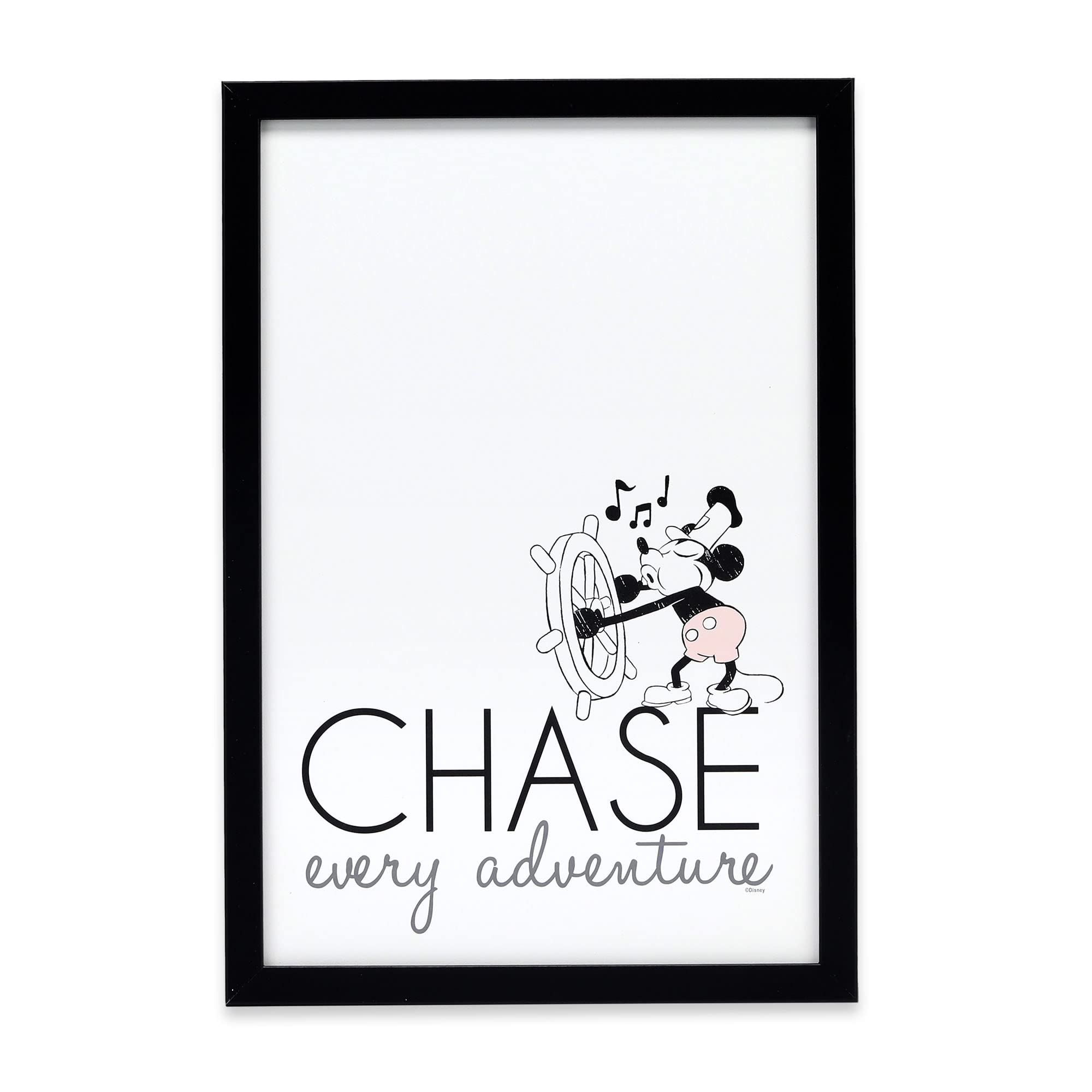 Disney Mickey Mouse Chase Every Adventure Framed Wood Wall Art - Vintage Steamboat Willie Decor for Living Room, Bedroom & Nursery