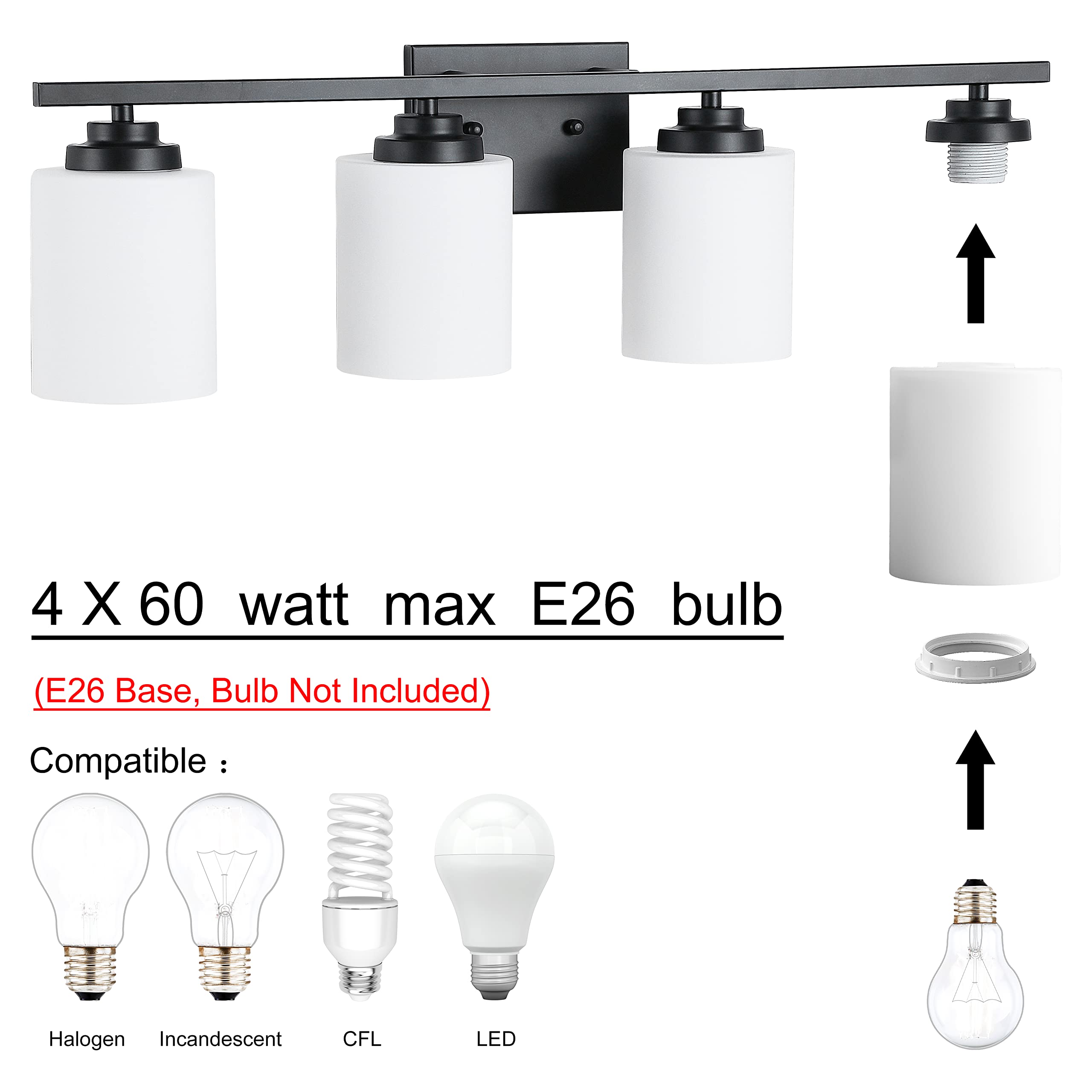 Black Bathroom Light Fixtures - 4-Light Rustproof Vanity Light, 27-Inch Modern Wall Mount Lighting with Milky White Glass, Standard E26 Base - Perfect for Bathroom Vanity, Living Room, and Bedroom Lighting