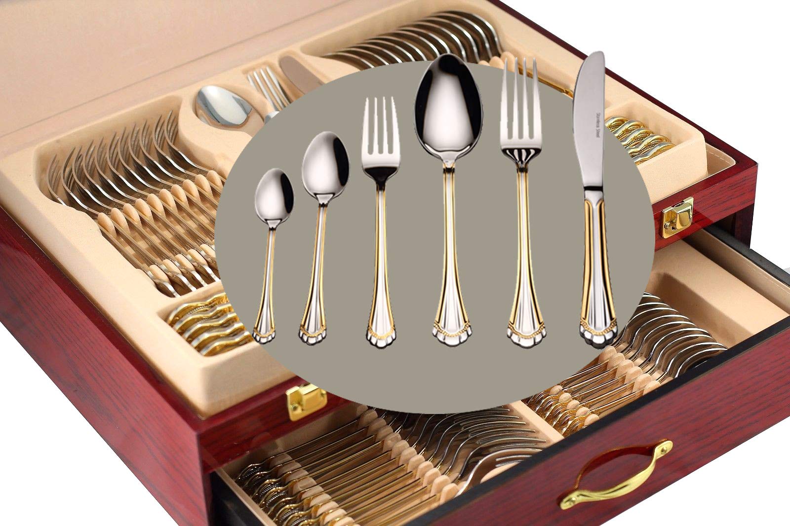 Venezia Collection 75-Piece 24K Gold Flatware Set for 12 - Premium 18/10 Surgical Stainless Steel Cutlery with Wooden Storage Case - Perfect for Formal Dining, Wedding Gifts & Luxury Entertaining