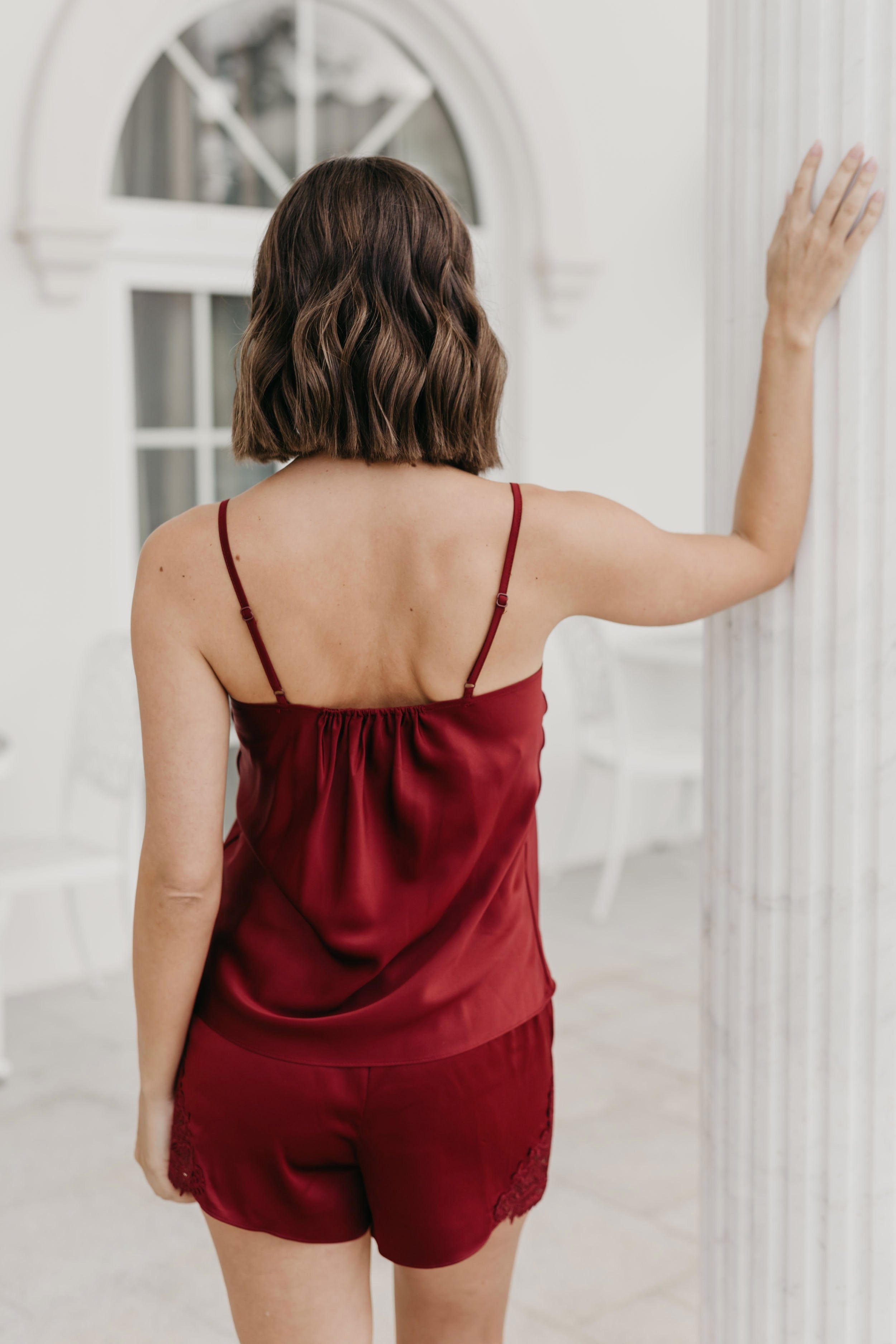 Stella Cami and Lace Trim Short Set Ruby - Sexy Lingerie Sleepwear for Women, Romantic Nightwear, Valentine's Gift, Boudoir Outfit for Date Night and Special Occasions