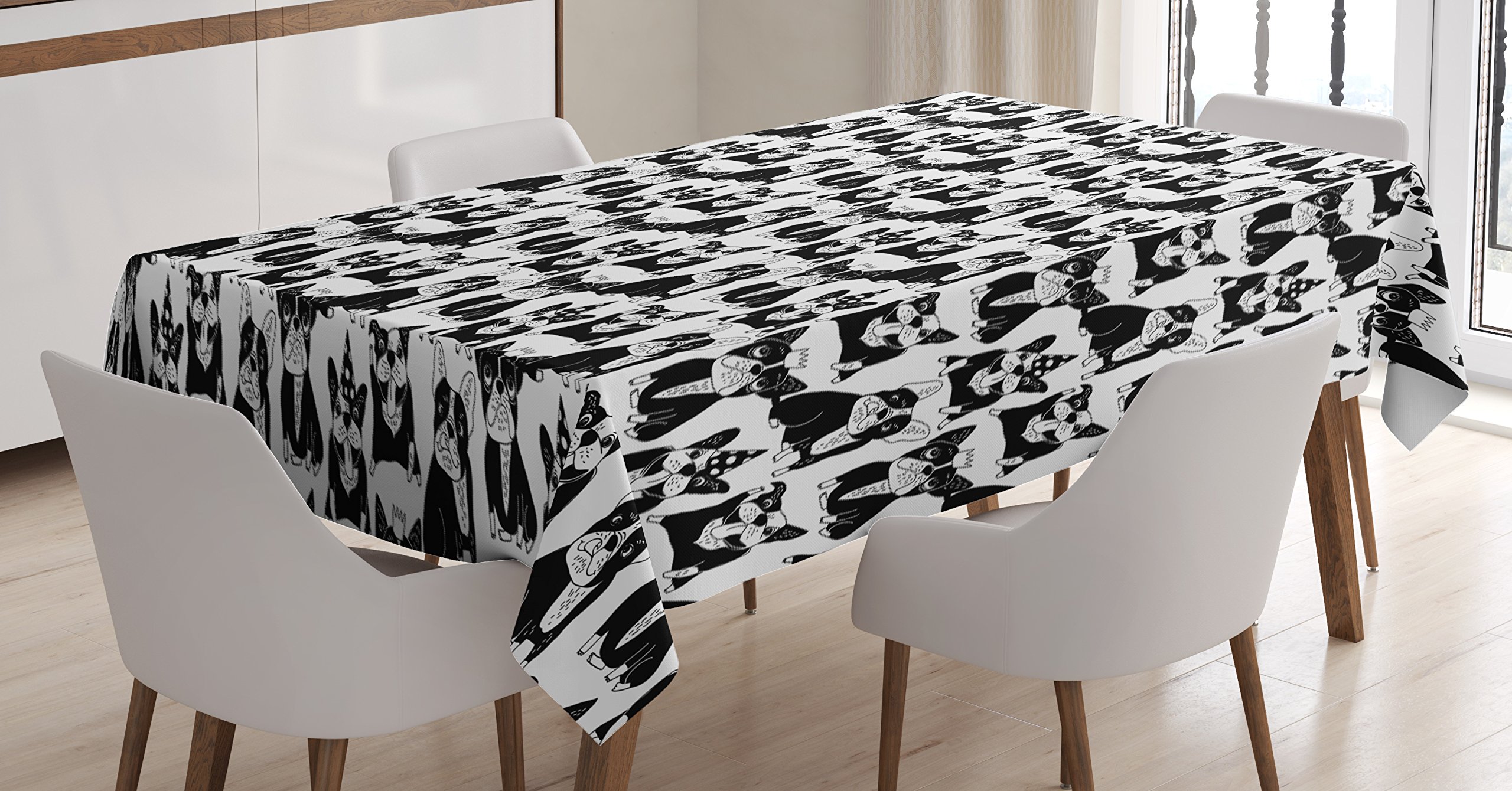 Ambesonne Bulldog Tablecloth - Fun Doodle Style Pet Design with Party Hats & Crowns, 60x84 Inch Black & White Rectangular Table Cover for Dining Room & Kitchen | Perfect for Pet Lovers' Parties, Themed Dinners & Home Decor