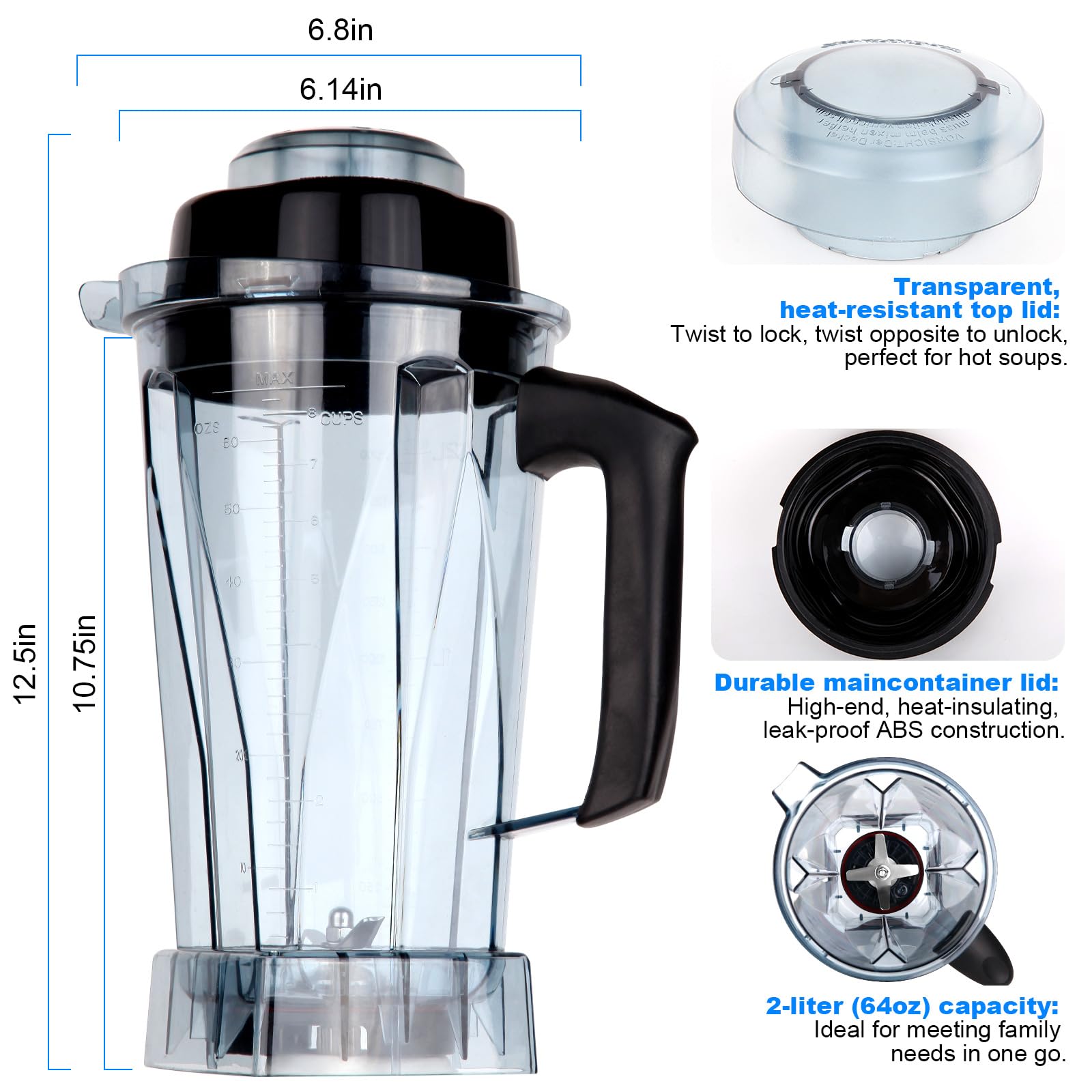 64oz Vitamix Blender Pitcher Replacement with Blade & Lid - Compatible with 5200, 6500, E320, E520, Aspire, VM0101 - Perfect for Smoothies, Soups & Nut Butters