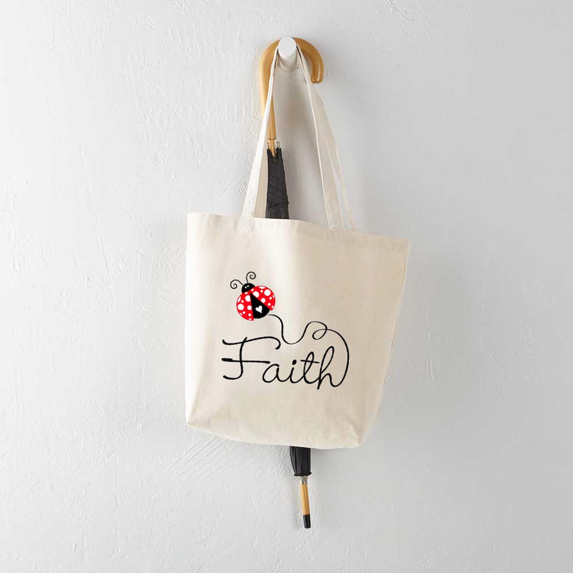 Ladybug Faith Tote Bag - Natural Canvas Reusable Shopping Bag for Women | Eco-Friendly Grocery Tote for Church, Bible Study & Daily Use