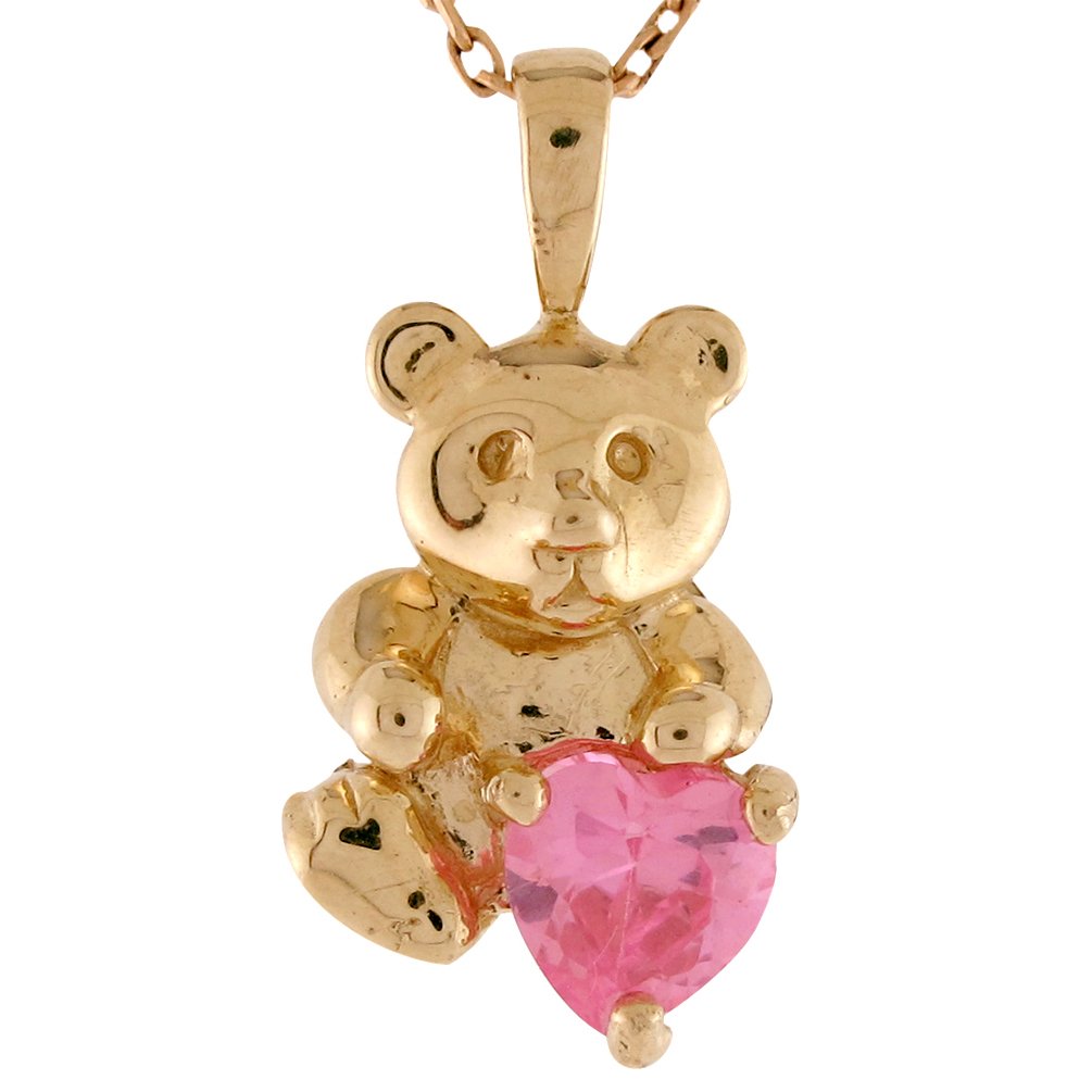 10K Gold Heart Simulated Pink Topaz October Birthstone Floating Charm Jewelry - Cute Bear Pendant for Necklace, Bracelet & Gift Giving (Birthday, Anniversary, Valentine's Day)