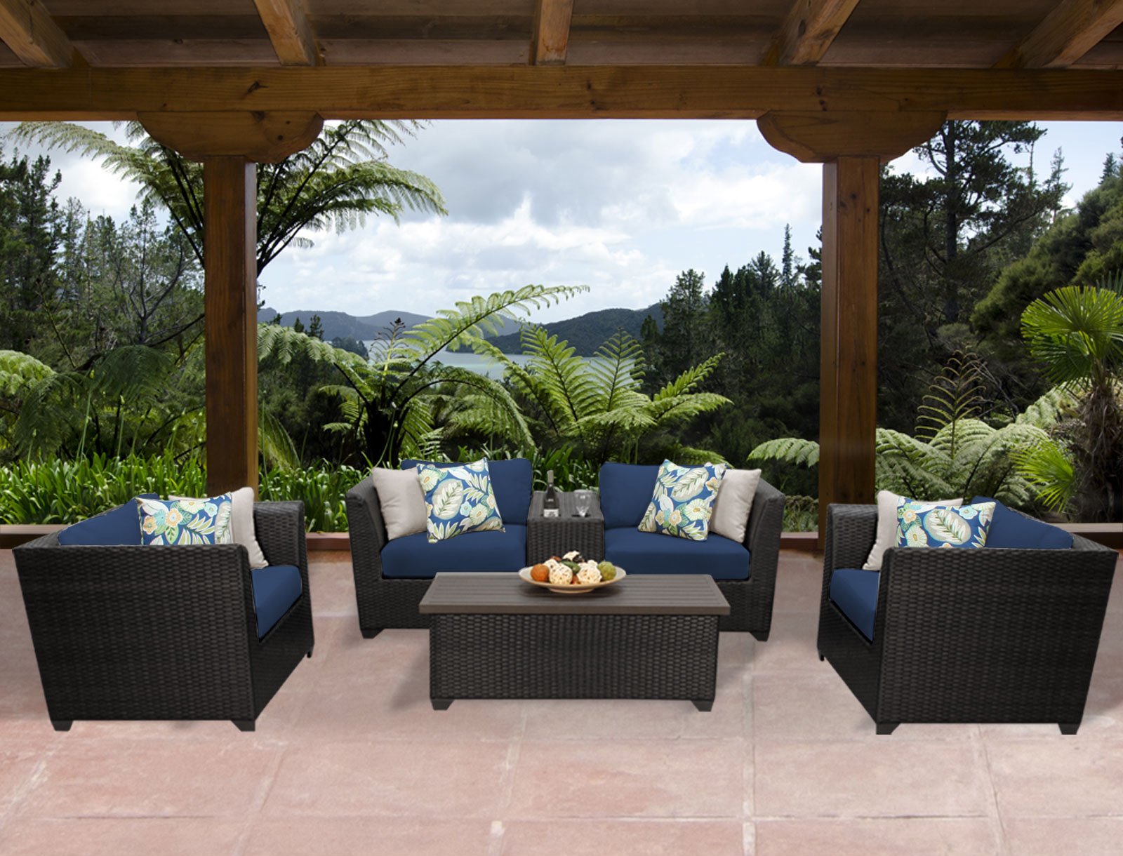 TK Classics BARBADOS-06d-NAVY 6-Piece Outdoor Wicker Patio Furniture Set in Navy Blue - Perfect for Backyard, Poolside, or Garden Relaxation