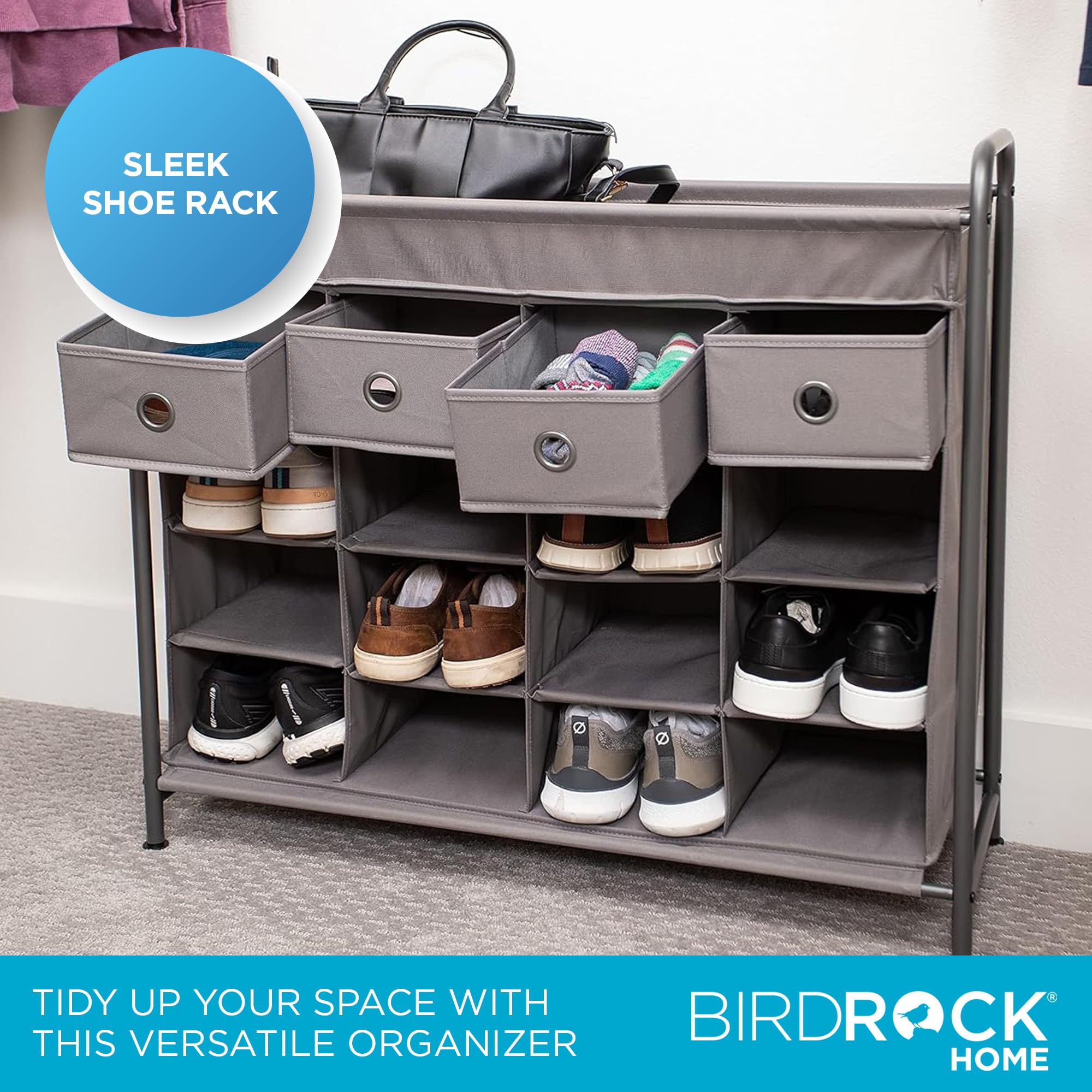 16-Cubby Shoe Rack with 4 Drawers - Space Saving Metal Cabinet for Bedroom & Entryway - Grey