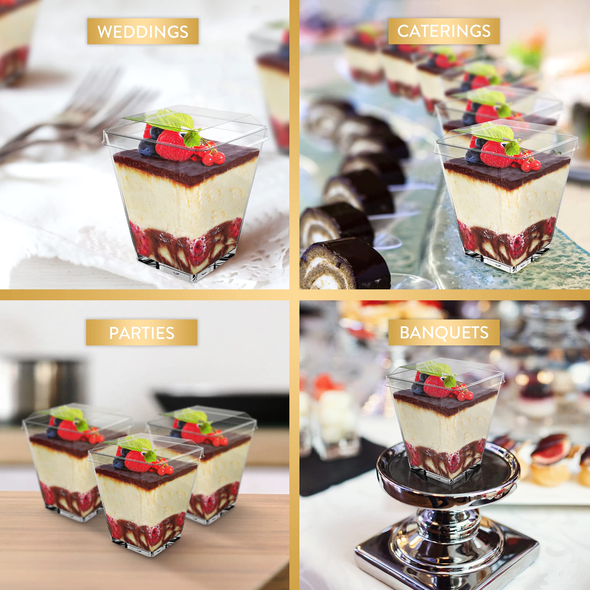 5 oz Mini Square Dessert Cups with Lids & Gold Spoons (50 Pack) - BPA Free Reusable Plastic Appetizer Cups for Parfait, Ice Cream, Yogurt - Perfect for Parties, Catering, Events & Home Entertaining
