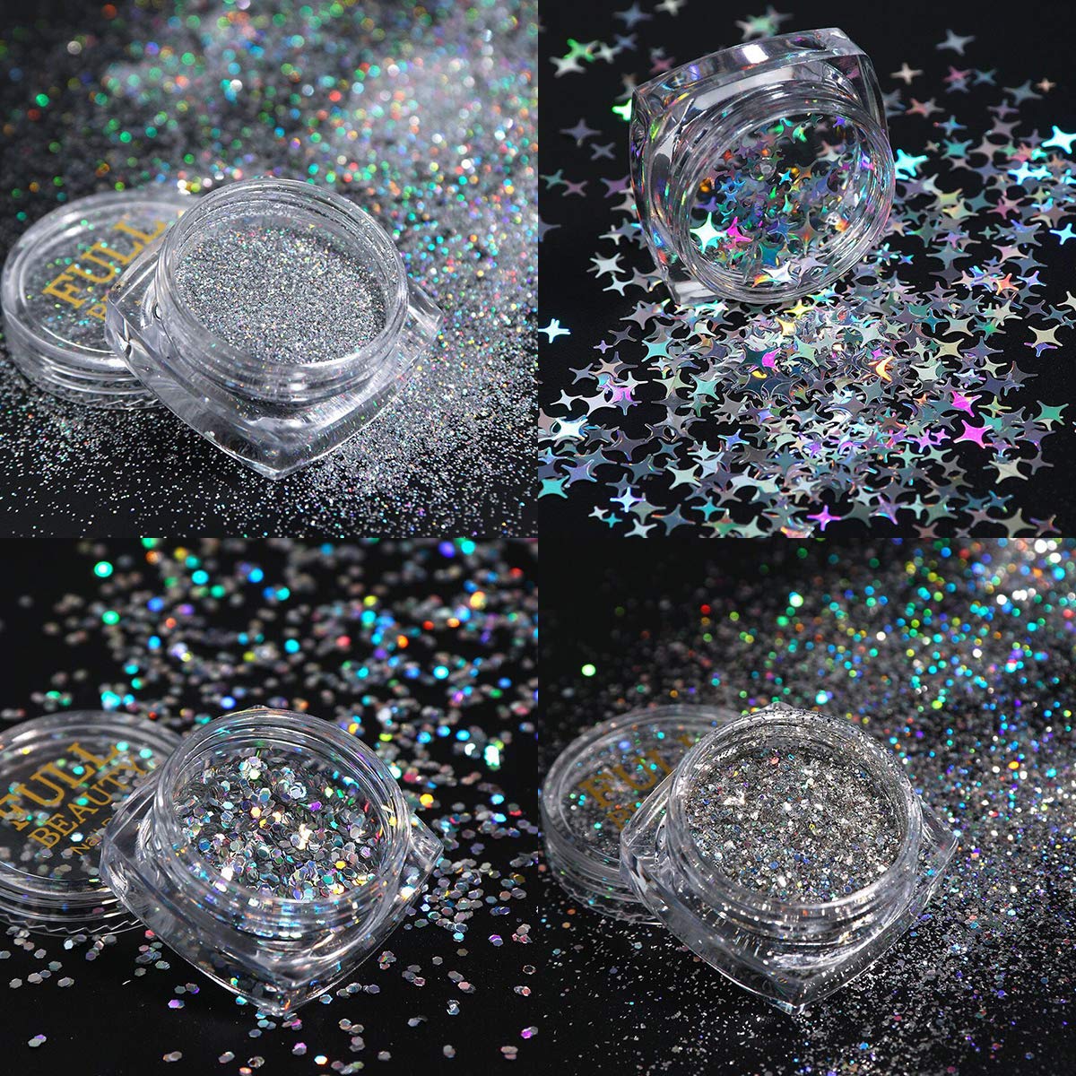 Holographic Nail Art Sequins Glitter Kit - 8 Boxes Metallic Shining Flakes for Nail Decoration | Silver & Rainbow Nail Glitter Powder Set | Perfect for Manicure, DIY Nail Art, and Professional Salon Use