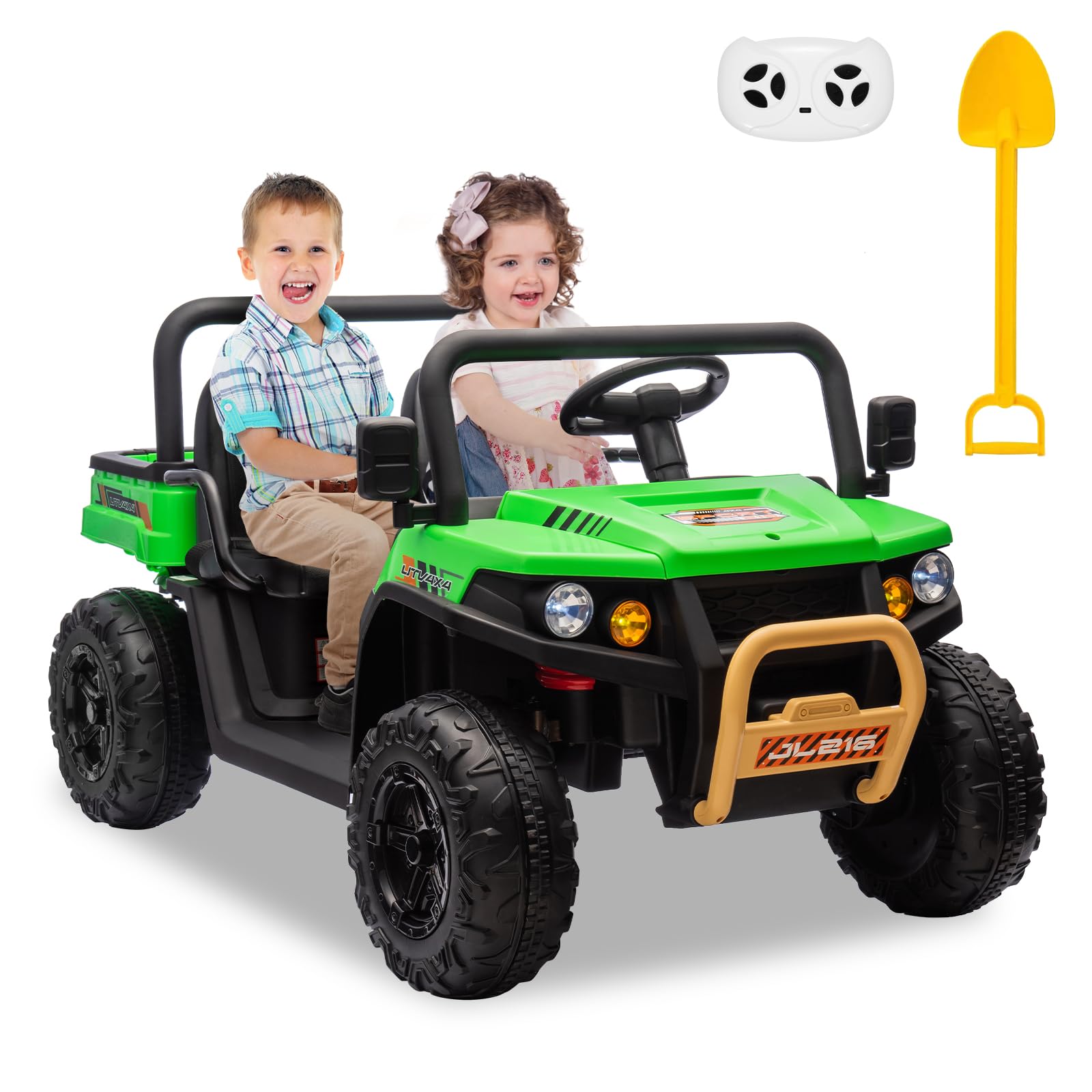 Hetoy 24V 2 Seater Electric Ride On Dump Truck with Remote Control - 4WD Battery Powered UTV Toy Car for Kids, Includes Shovel, Music, Bluetooth & LED Headlights - Perfect Outdoor Play Vehicle for Boys & Girls (Green)