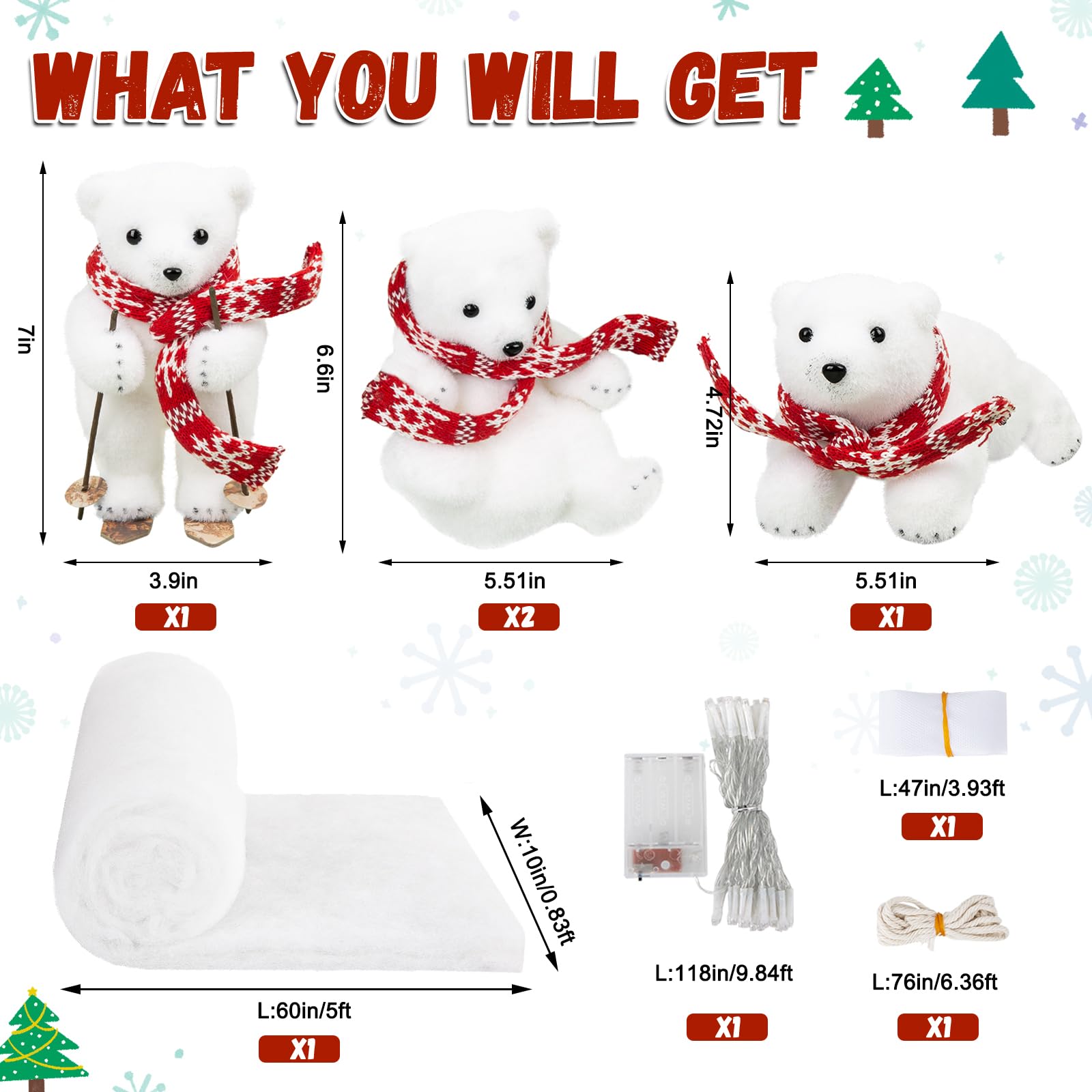 Polar Bear Christmas Staircase Decorations Set - 4PCS Skiing Polar Bears with Artificial Snow & LED Lights for Holiday Stair Decor | Indoor Home Christmas Decor for Staircase, Banister, and Entryway