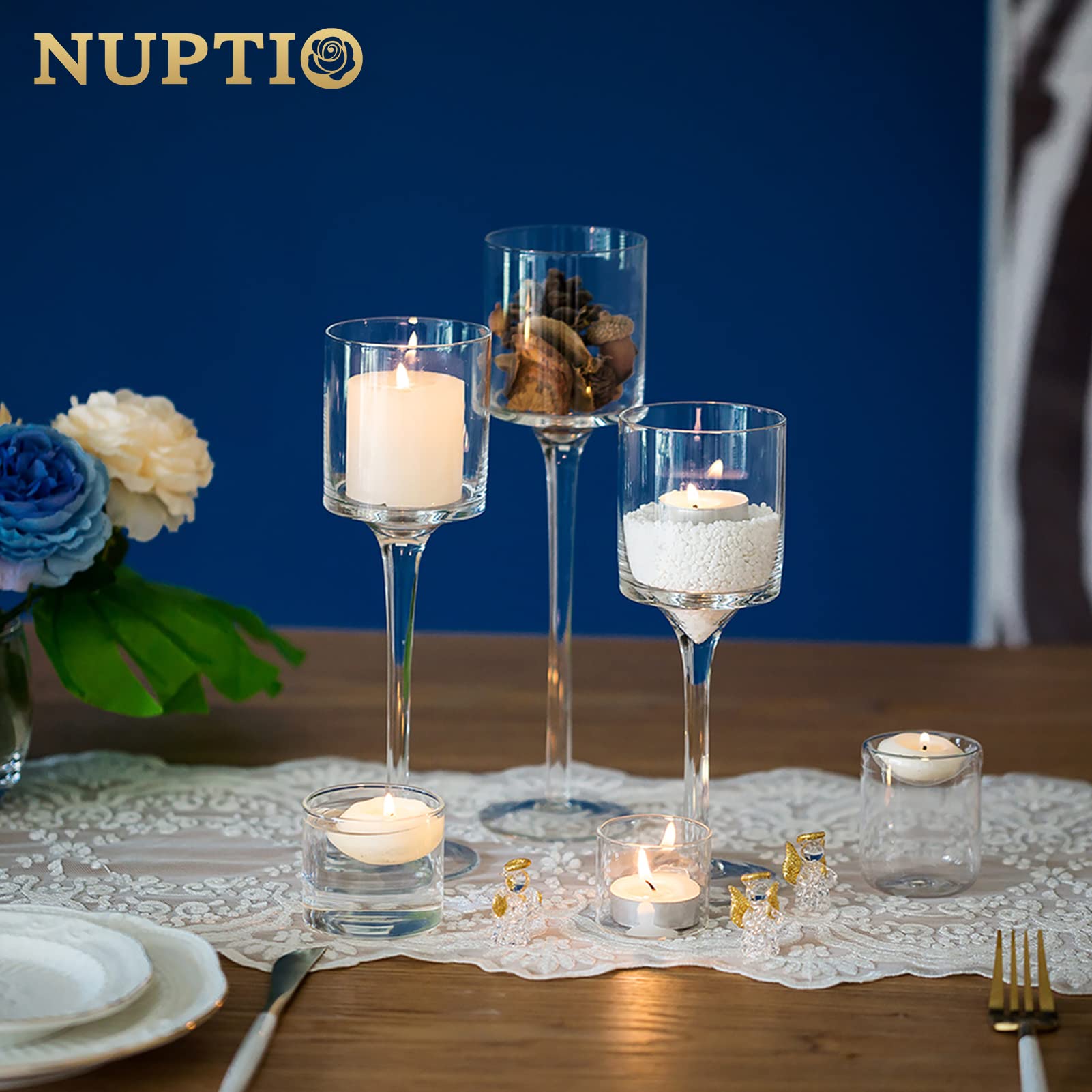 18-Piece Nuptio Tall Glass Candle Holders for Floating & Pillar Candles - Clear Long Stem Candle Stands for Wedding Centerpieces, Home Decor, Party Tables - Perfect for Romantic Dinners, Spa Nights & Holiday Decorations