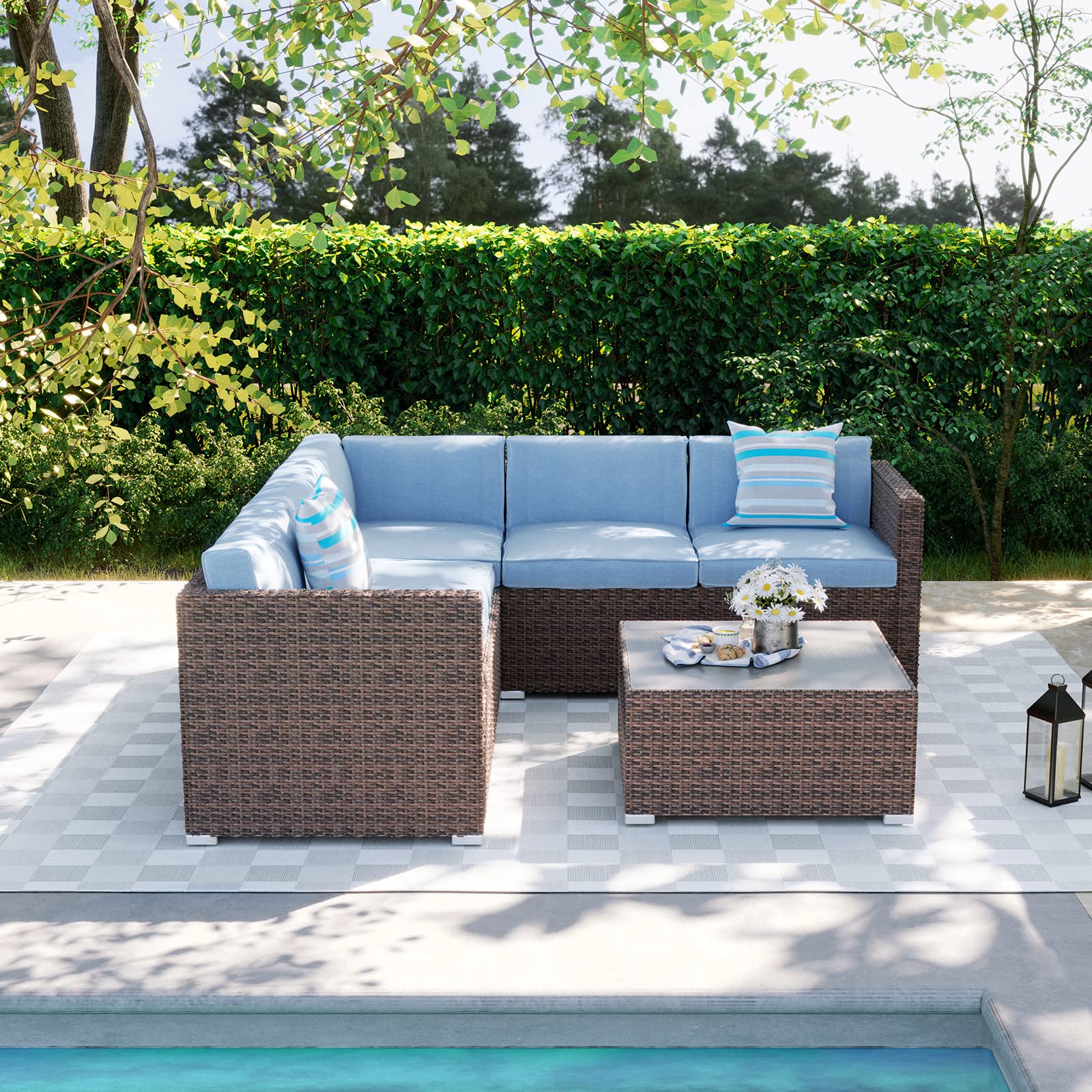**SUNBURY 4-Piece Outdoor Sectional Sofa Set with Blue Thick Cushions & Tempered Glass Coffee Table - Patio, Backyard, Garden Conversation Furniture for Relaxing & Entertaining**