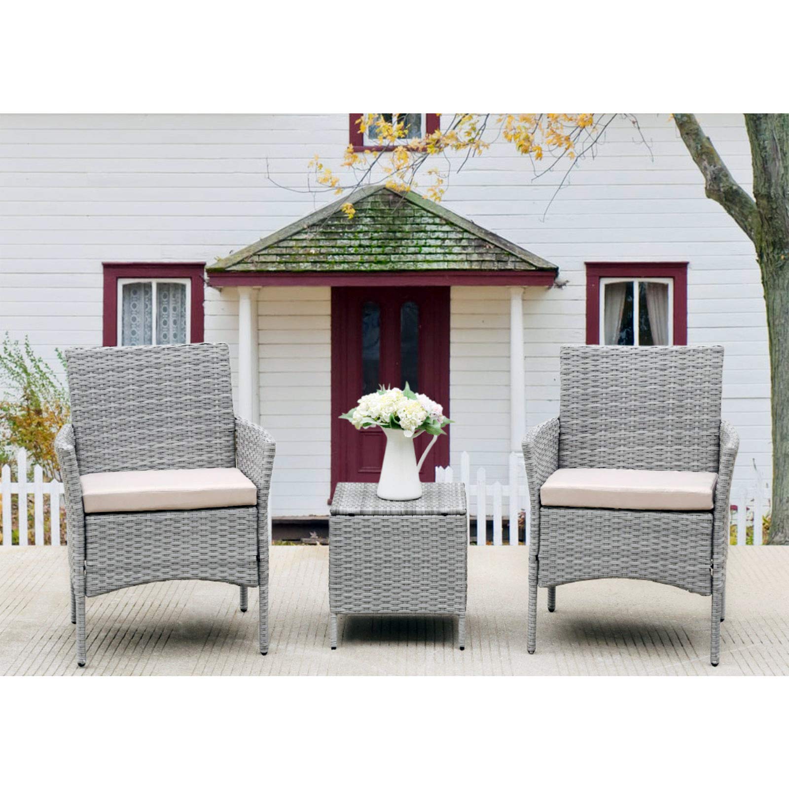 3-Piece Patio Furniture Set - PE Wicker Rattan Table & Chairs Conversation Set with Cushioned Sofa & Coffee Table for Garden, Backyard, Poolside (Light Grey) | Outdoor Lounge Set for Relaxing, Entertaining & Enjoying Summer Days