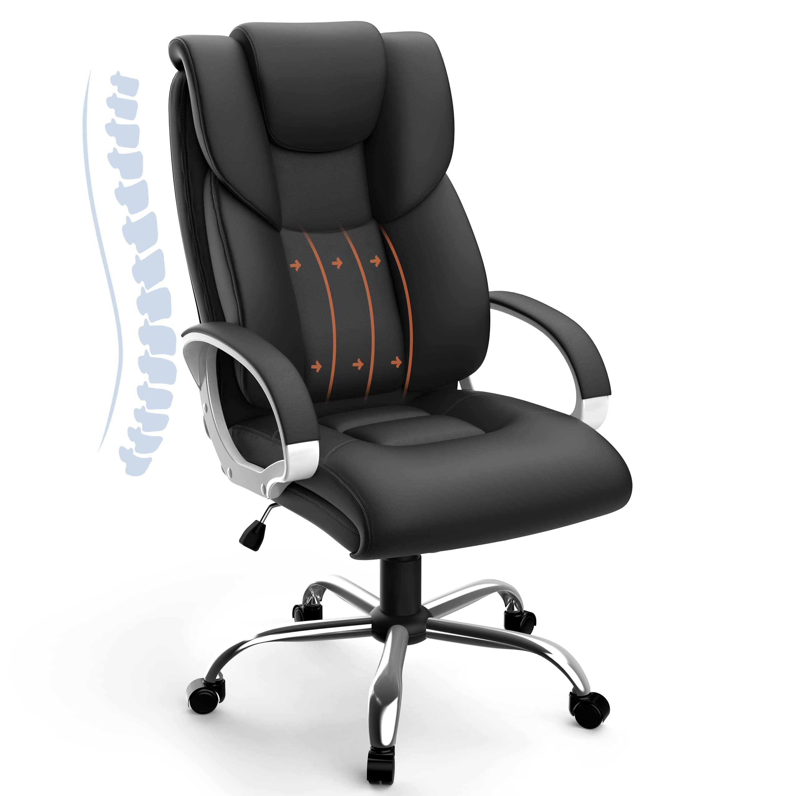 Premium 350lbs Capacity Executive Leather Office Chair - Ergonomic High Back Computer & Gaming Desk Chair with Padded Arms & 360° Swivel Wheels - Ideal for Home Office, Gaming & Professional Workspaces - Black