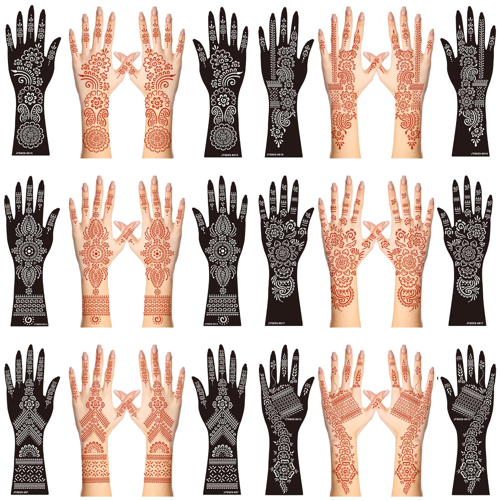 12 Sheets Henna Stencil Kit for Arm & Hand - Temporary Indian & Arabian Tattoo Designs with Glitter - DIY Airbrush Tattoo Stickers for Parties, Weddings & Festivals