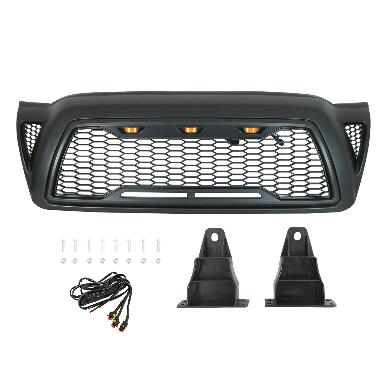 2005-2011 Toyota Tacoma Tidal Replacement Front Grille with 3 Amber LED Lights - Matte Black ABS | Off-Road & Custom Truck Upgrade