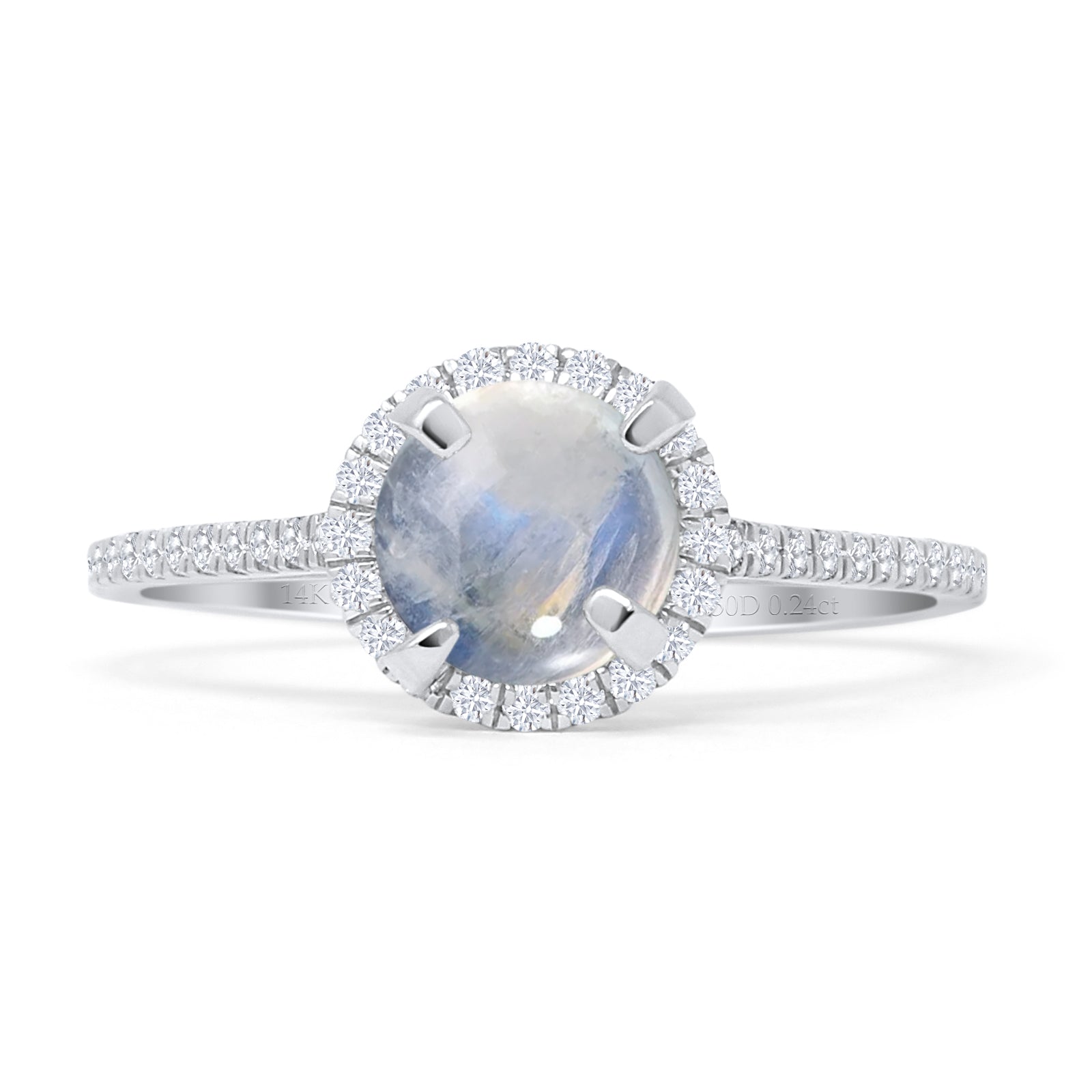 14K White Gold Round Halo Natural Moonstone Vintage Style Diamond Ring for Women - Elegant Wedding, Engagement, Anniversary Gift for Her