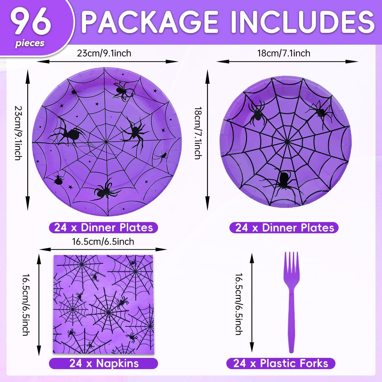 96-Piece Halloween Spider Web Disposable Dinnerware Set - Purple Paper Plates, Napkins & Forks for Spooky Parties, Birthday Decor - Serves 24 | Perfect for Halloween Celebrations, Themed Dinners & Festive Gatherings