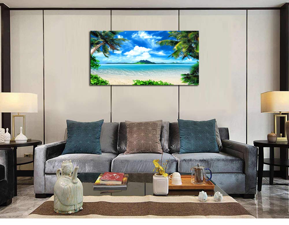DZL Art S72774 Ocean Waves & Coconut Trees Canvas Wall Art - Tropical Beach Seascape Painting for Bedroom, Living Room & Office Decor | Nature Landscape Picture for Coastal & Vacation Home Themes