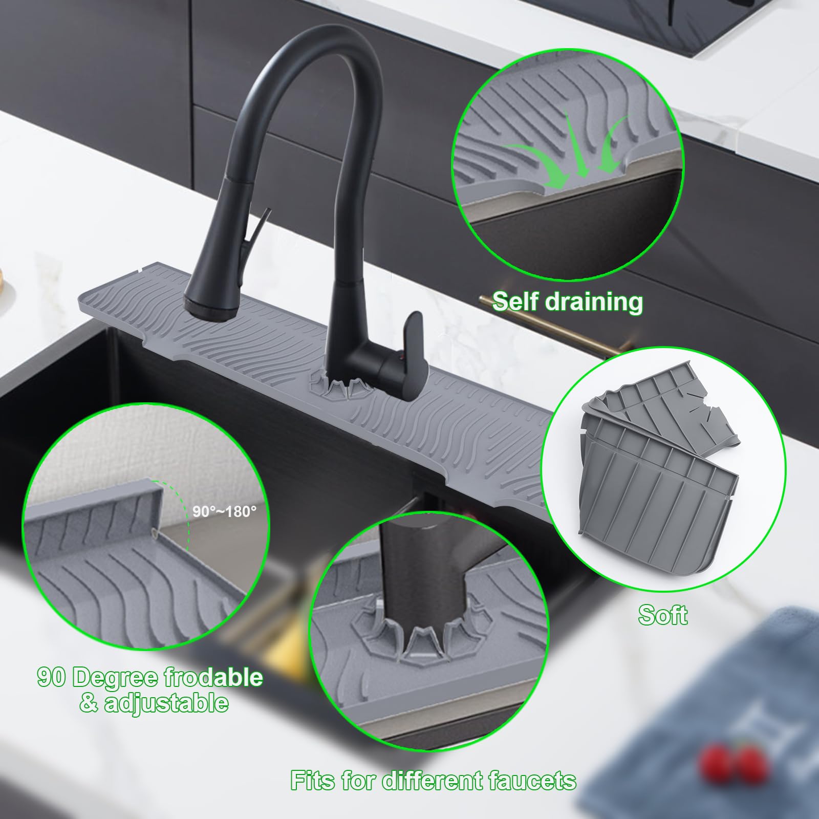 33 Inch Silicone Kitchen Sink Splash Guard Mat - Water Drip Catcher for Faucet Handle Protection, Multi-Purpose Sink Mat with Sponge Holder - Perfect for Kitchen Countertops, Dishwashing & Preventing Water Spills