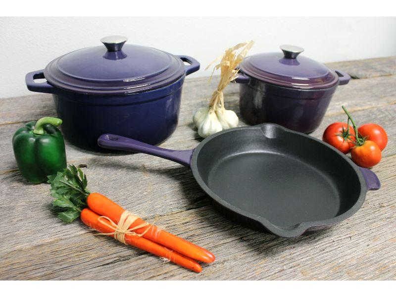 BergHOFF Neo 5-Piece Cast Iron Dutch Oven Set with 10-Inch Fry Pan, 3-Quart & 5-Quart, Purple – Perfect for Braising, Stewing, Baking, and Camping Cooking