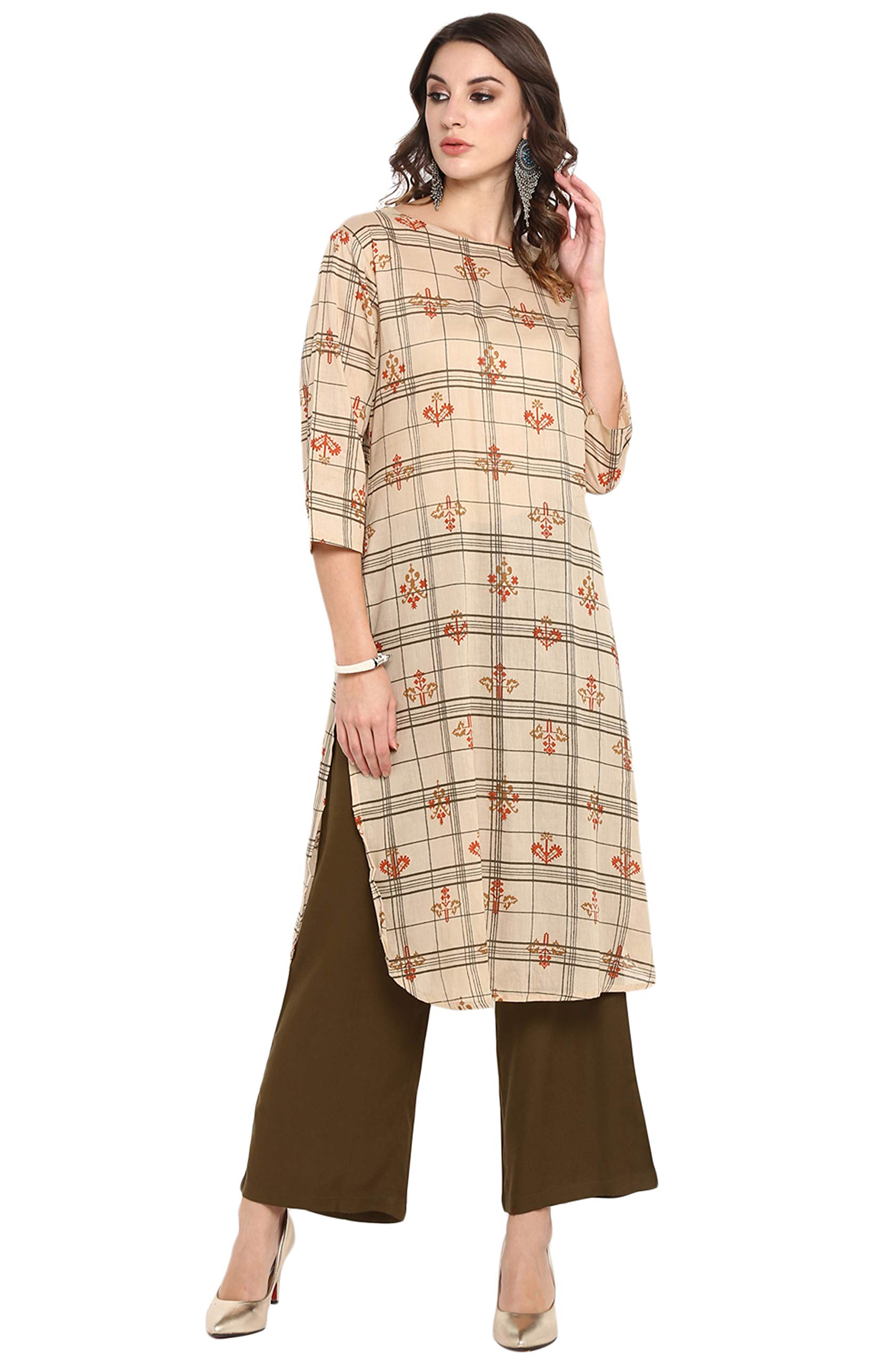 Janasya Indian Women's Beige Pure Cotton Kurta - Traditional Ethnic Tunic Top for Casual Wear & Festive Occasions
