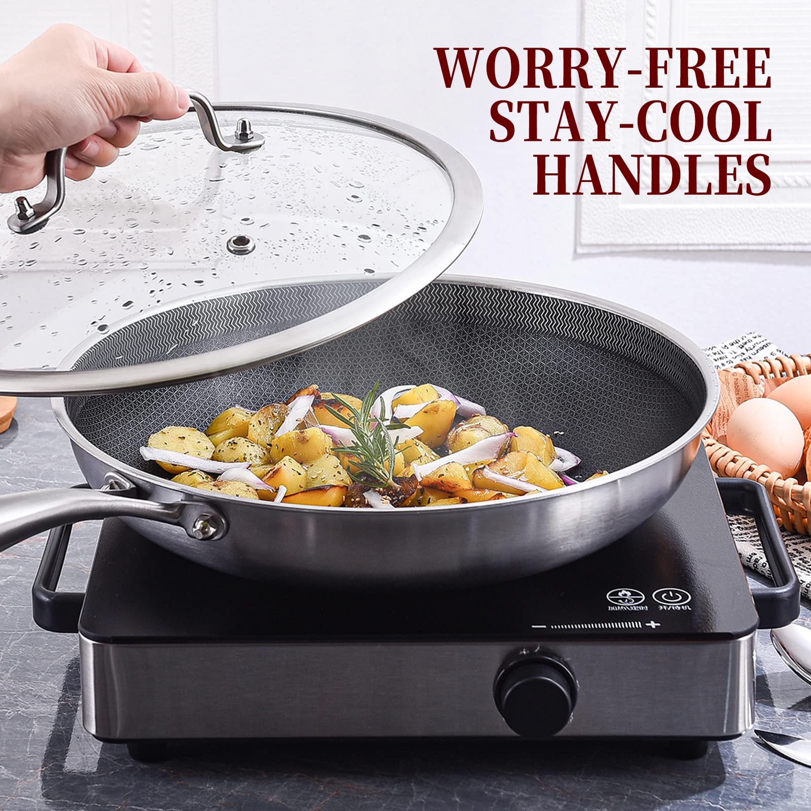 Inqibee 10 Inch Hybrid Tri-Ply Stainless Steel Sauté Pan with Lid - Nonstick Induction Skillet, Oven Safe & Heavy Duty Chef Pan with Riveted Handle - Perfect for Searing, Frying & Cooking Pasta