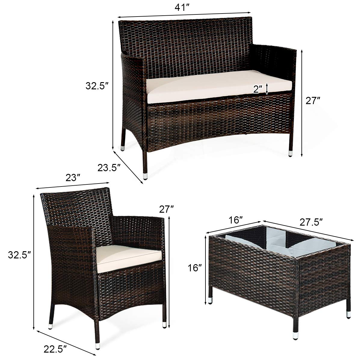 ARLIME 4-Piece All-Weather Wicker Patio Furniture Set - Outdoor Rattan Sofa Sectional with Thick Cushions & Glass Coffee Table - Brown Garden Conversation Set for Backyard, Poolside & Terrace Relaxation