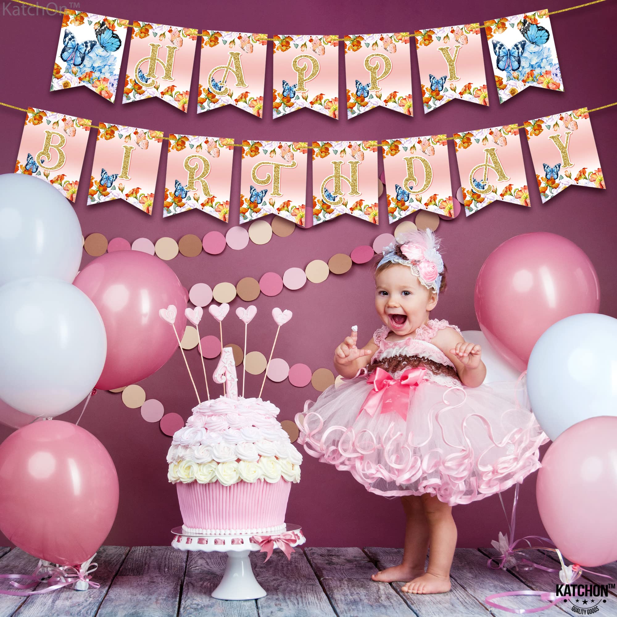 KatchOn Large Butterfly Happy Birthday Banner - Ready to Hang | Fairy & Butterfly Themed Birthday Party Decorations | Perfect for Indoor & Outdoor Birthday Celebrations, Baby Showers, and Fairy Garden Parties