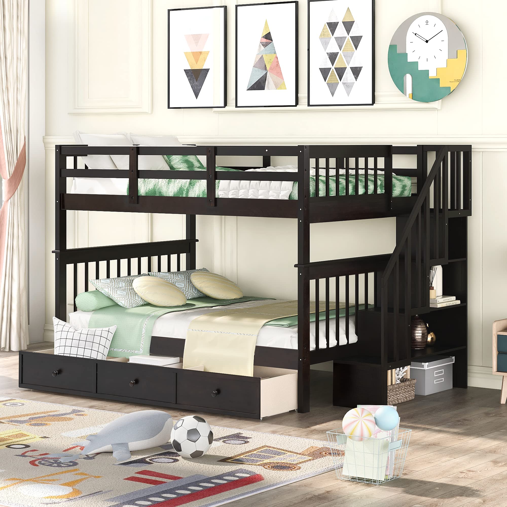 Full Over Full Bunk Beds with 3 Drawers, Stairway & Storage Shelves - Detachable Wood Bunk Bed with Guard Rail for Kids, Teens & Adults - Perfect for Bedroom, Dorm, Small Spaces & Guest Rooms (Espresso)