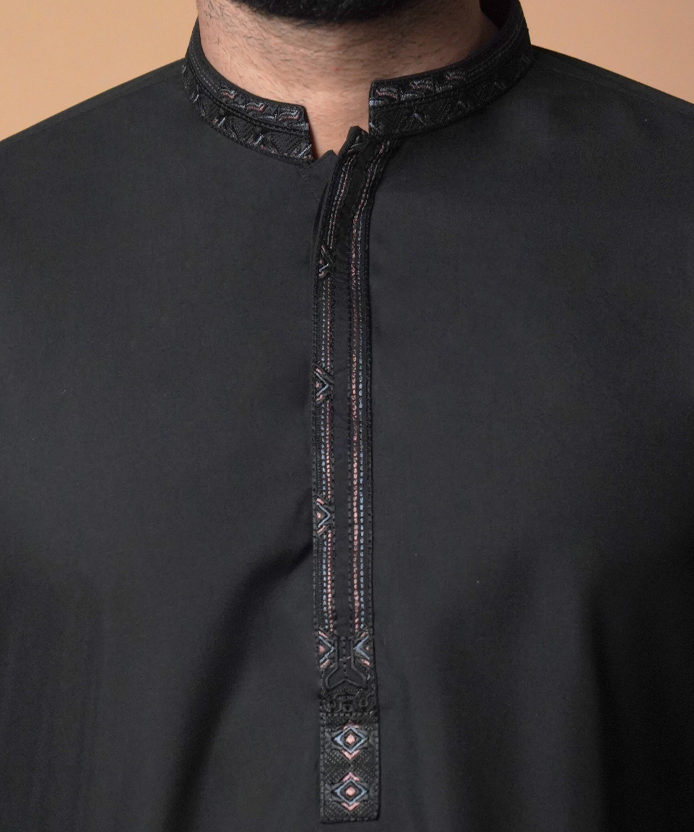 Elegant Jet Black Shalwar Kameez for Men - Traditional Pakistani Outfit for Weddings & Festivals | Premium Cotton Embroidered Kurta Pajama Set for Special Occasions