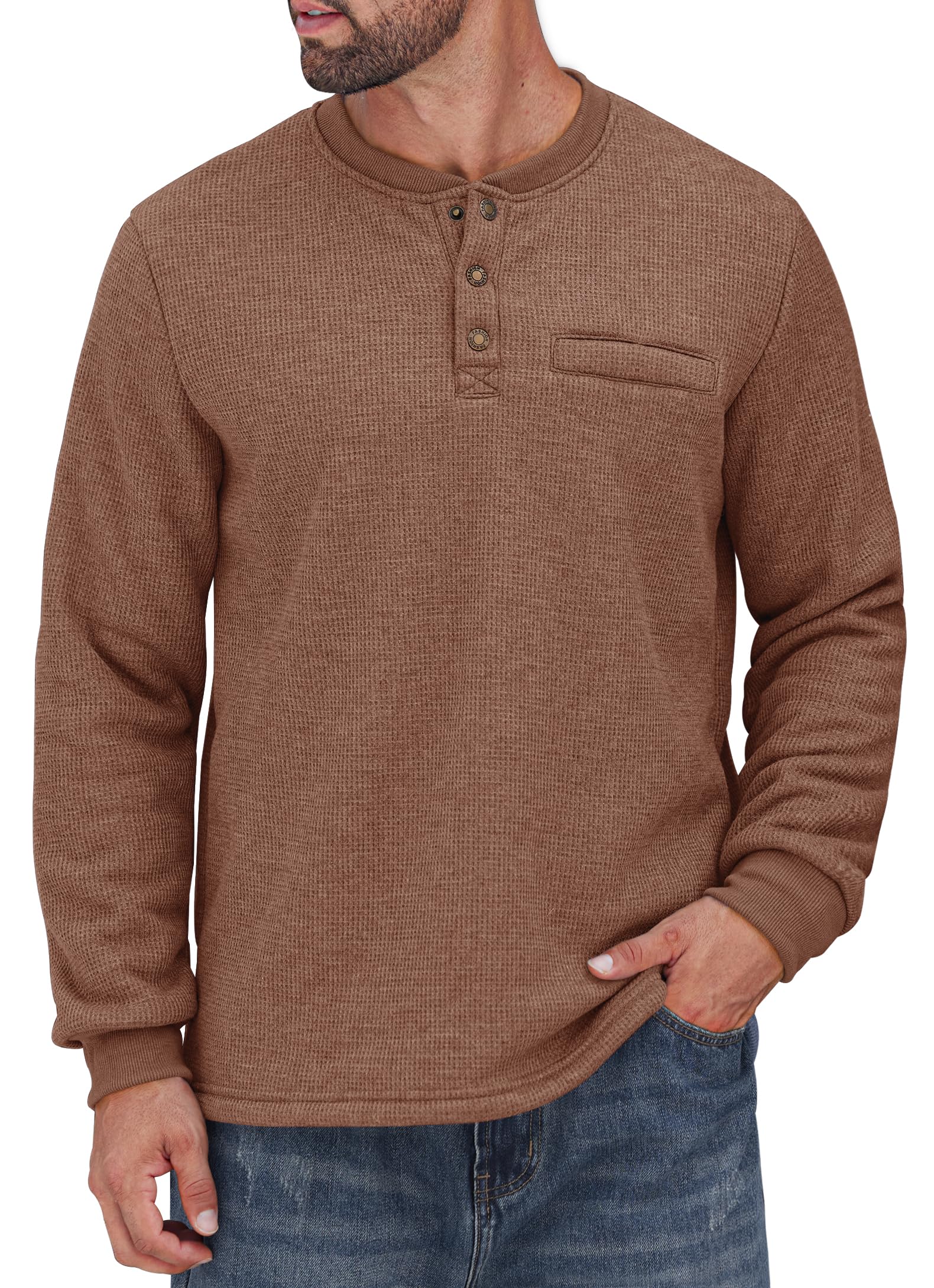 Men's Sherpa Lined Waffle Henley Long Sleeve Thermal Pullover - Winter Casual Shirt (S-XXL) | Warm Fleece Lined Top for Outdoor Activities & Cozy Indoor Wear